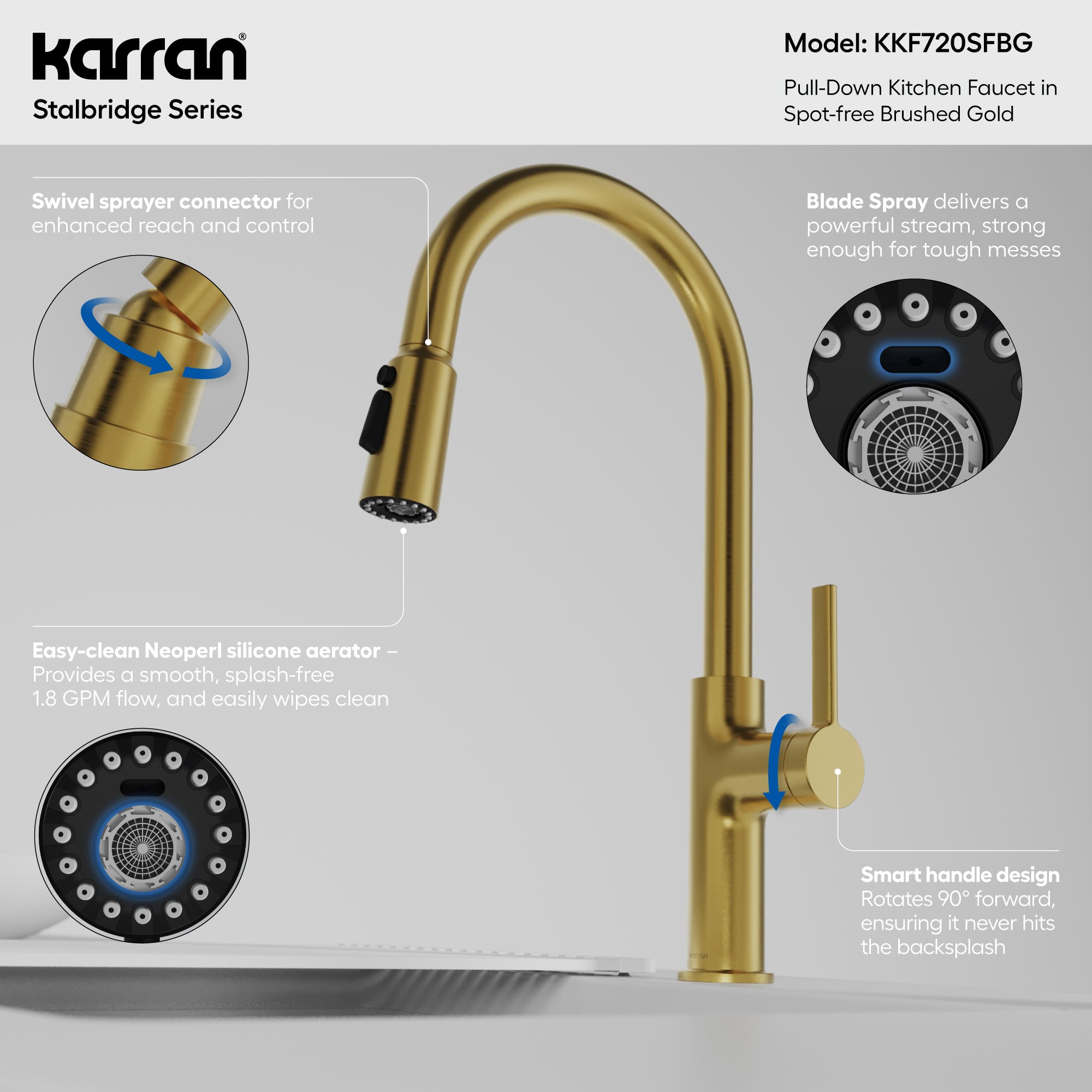 Karran Stalbridge 1.8 GPM Single Lever Lead-free Brass ADA Kitchen Faucet, Pull-Down, Spot-Free Brushed Gold, KKF720SFBG