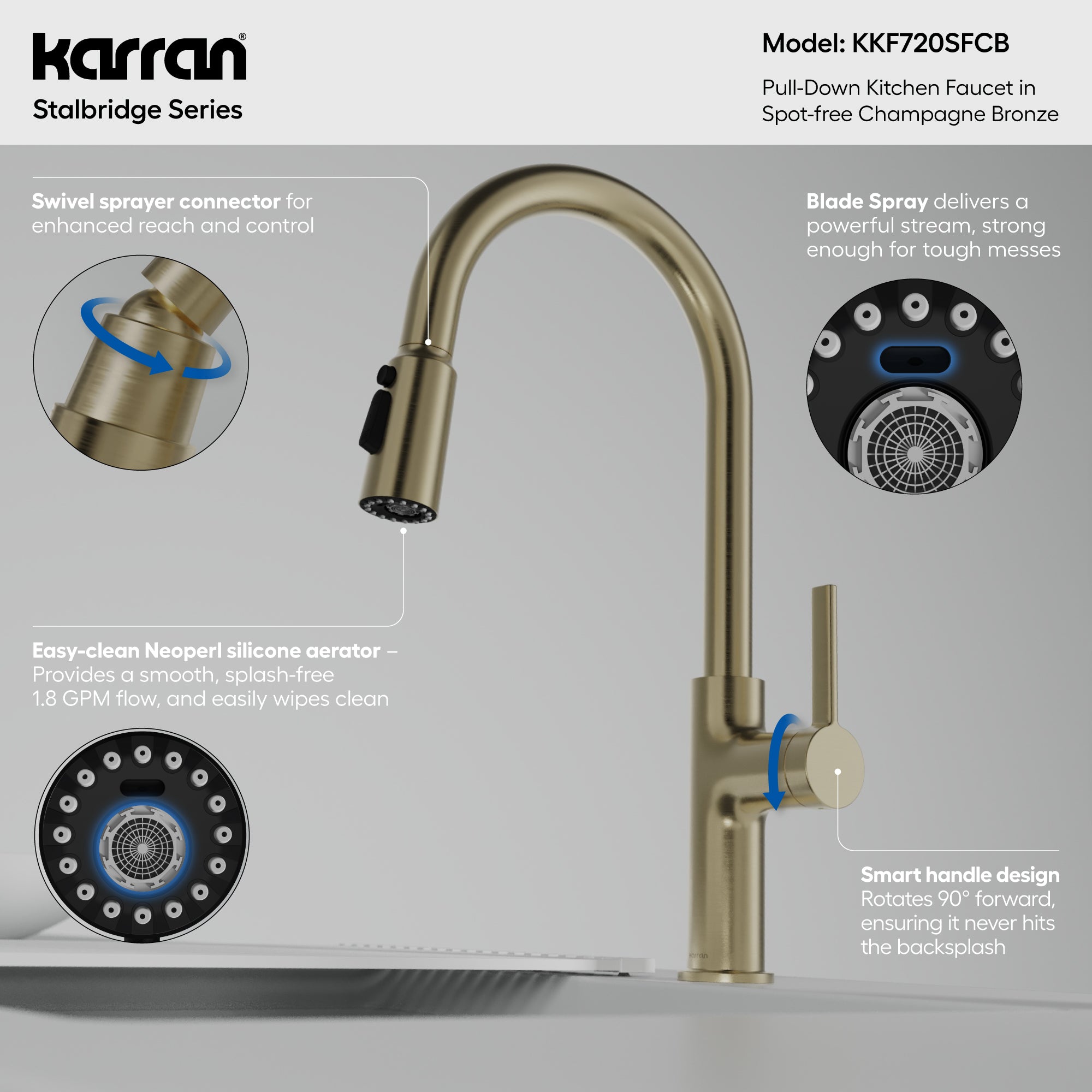 Karran Stalbridge 1.8 GPM Single Lever Lead-free Brass ADA Kitchen Faucet, Pull-Down, Spot-Free Champagne Bronze, KKF720SFCB
