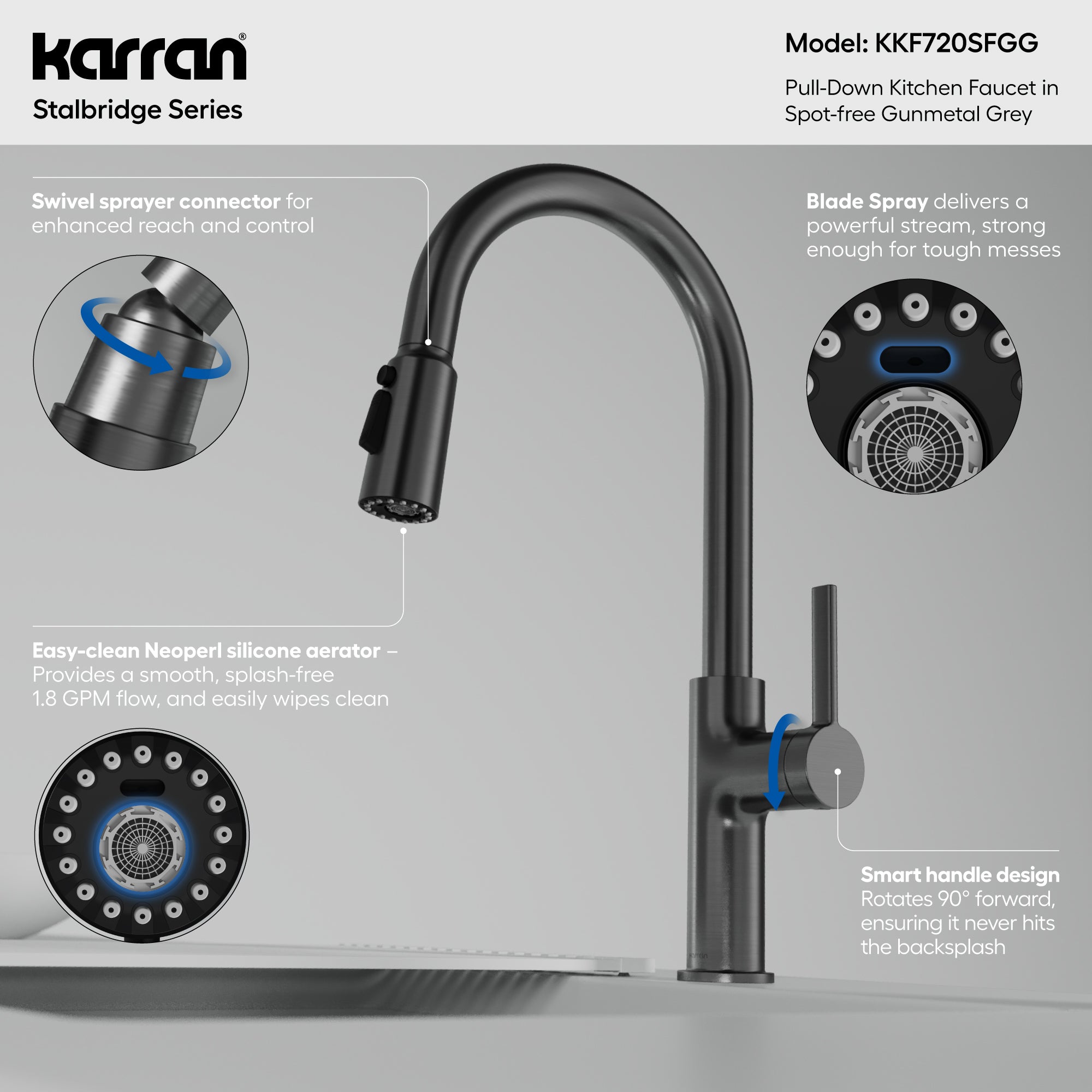 Karran Stalbridge 1.8 GPM Single Lever Lead-free Brass ADA Kitchen Faucet, Pull-Down, Spot-Free Gunmetal Grey, KKF720SFGG