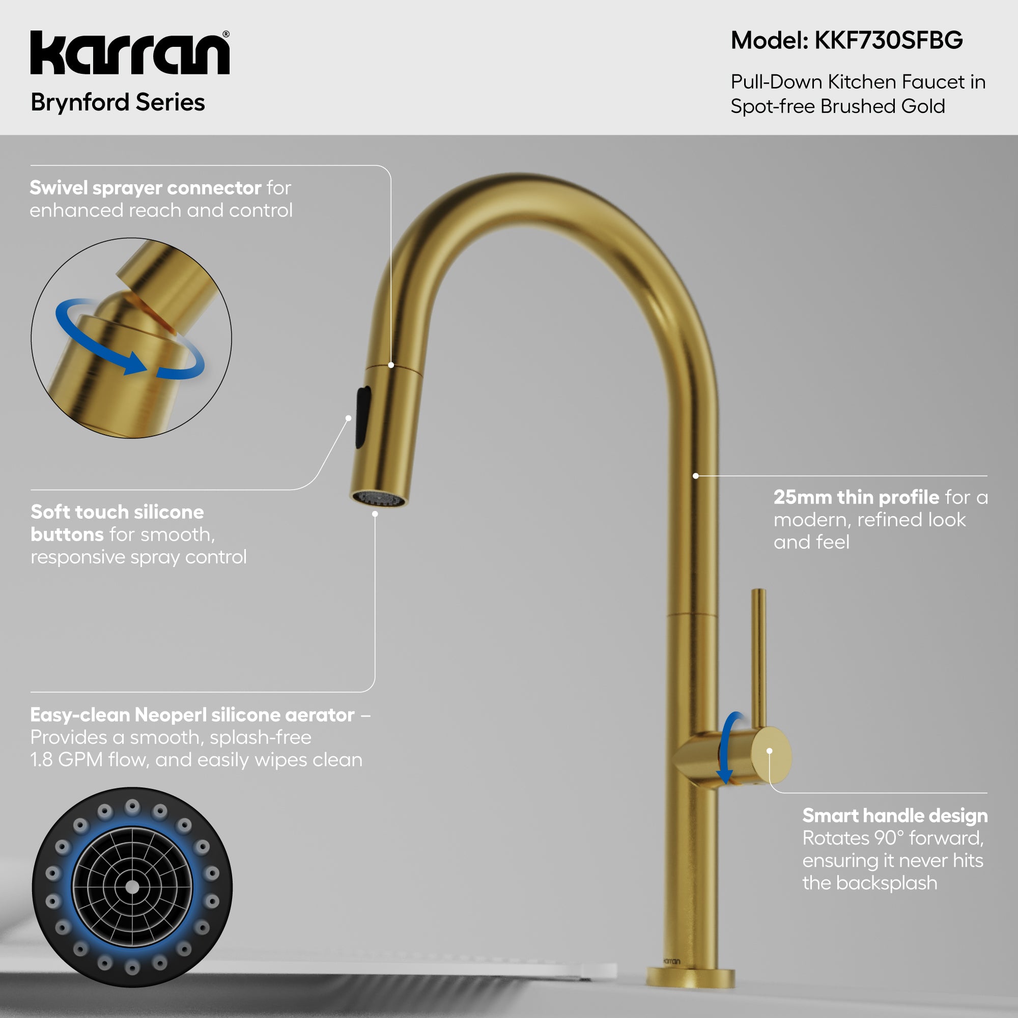 Karran Brynford 1.8 GPM Single Lever Lead-free Brass ADA Kitchen Faucet, Pull-Down, Spot-Free Brushed Gold, KKF730SFBG