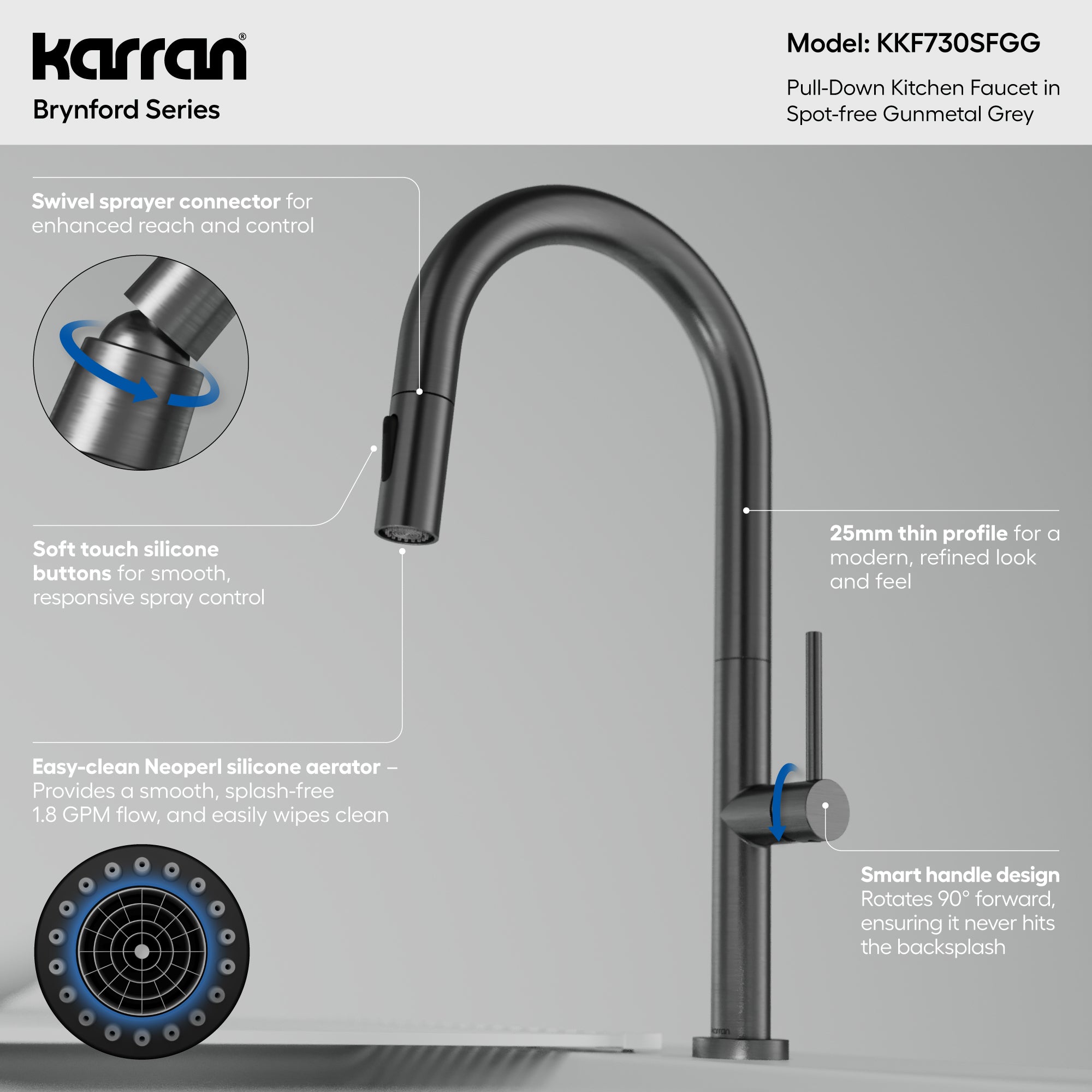 Karran Brynford 1.8 GPM Single Lever Lead-free Brass ADA Kitchen Faucet, Pull-Down, Spot-Free Gunmetal Grey, KKF730SFGG