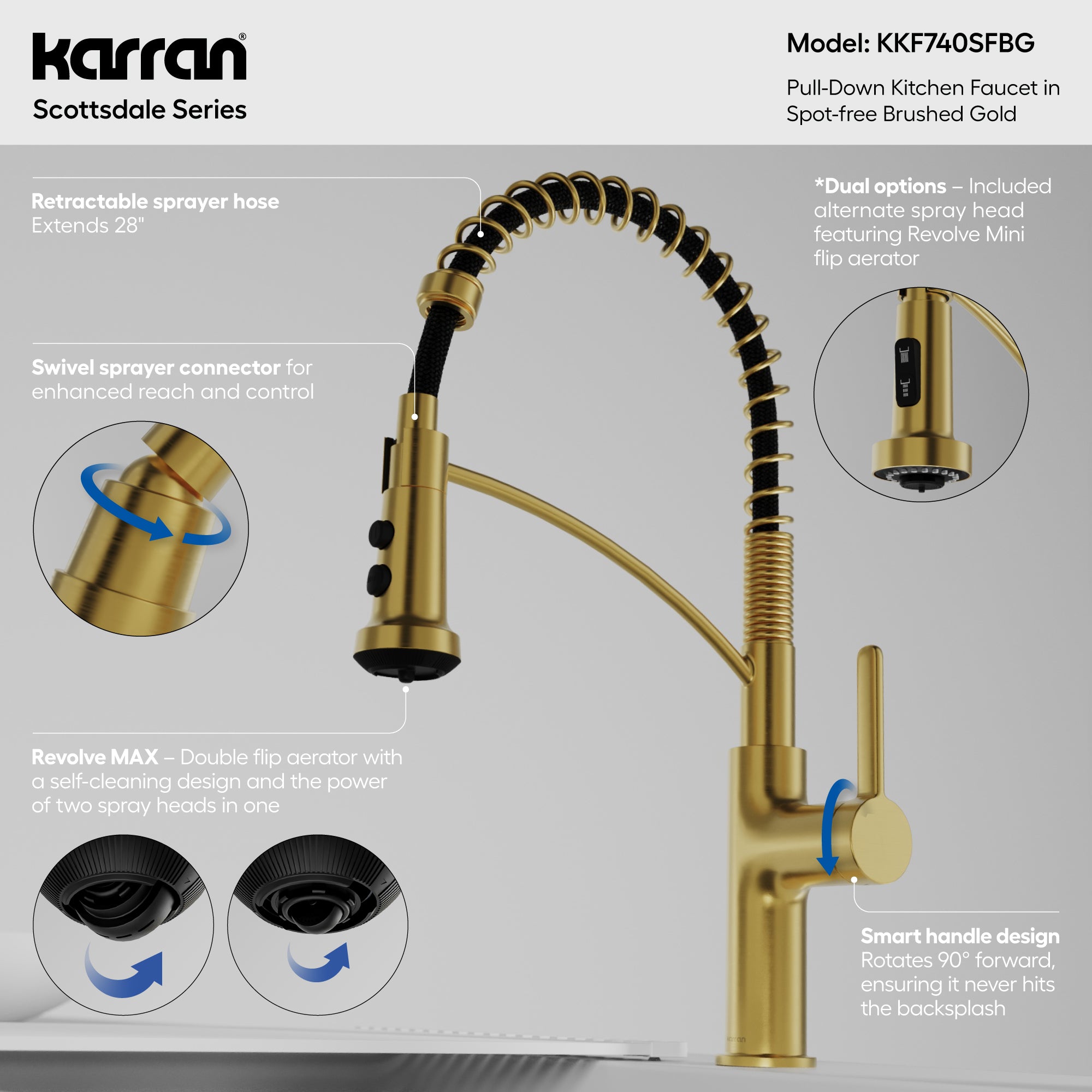 Karran Scottsdale 1.8 GPM Single Lever Lead-free Brass ADA Kitchen Faucet, Pull-Down, Spot-Free Brushed Gold, KKF740SFBG