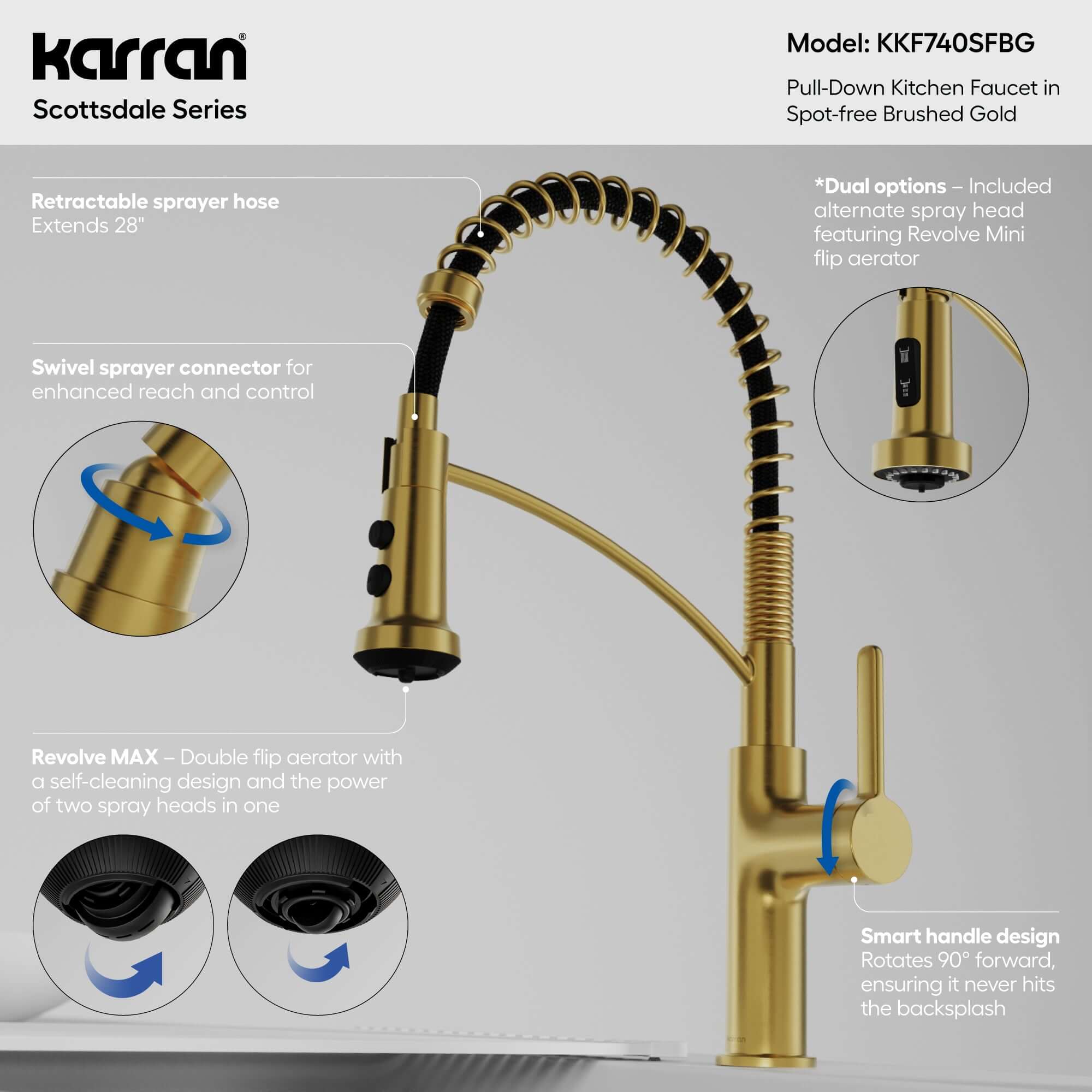 Karran Scottsdale 1.8 GPM Single Lever Lead-free Brass ADA Kitchen Faucet, Pull-Down, Spot-Free Brushed Gold, KKF740SFBG