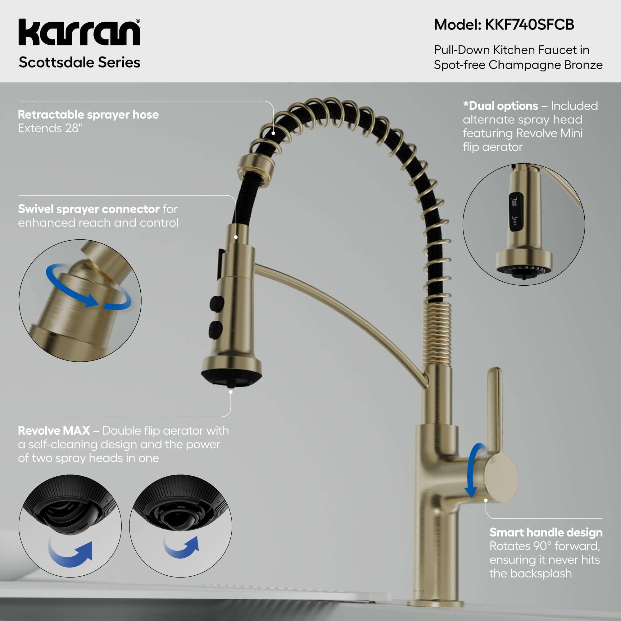 Karran Scottsdale 1.8 GPM Single Lever Lead-free Brass ADA Kitchen Faucet, Pull-Down, Spot-Free Champagne Bronze, KKF740SFCB