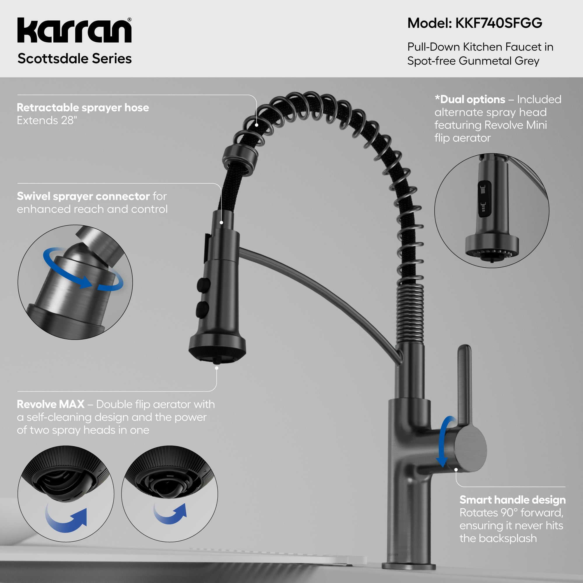 Karran Scottsdale 1.8 GPM Single Lever Lead-free Brass ADA Kitchen Faucet, Pull-Down, Spot-Free Gunmetal Grey, KKF740SFGG