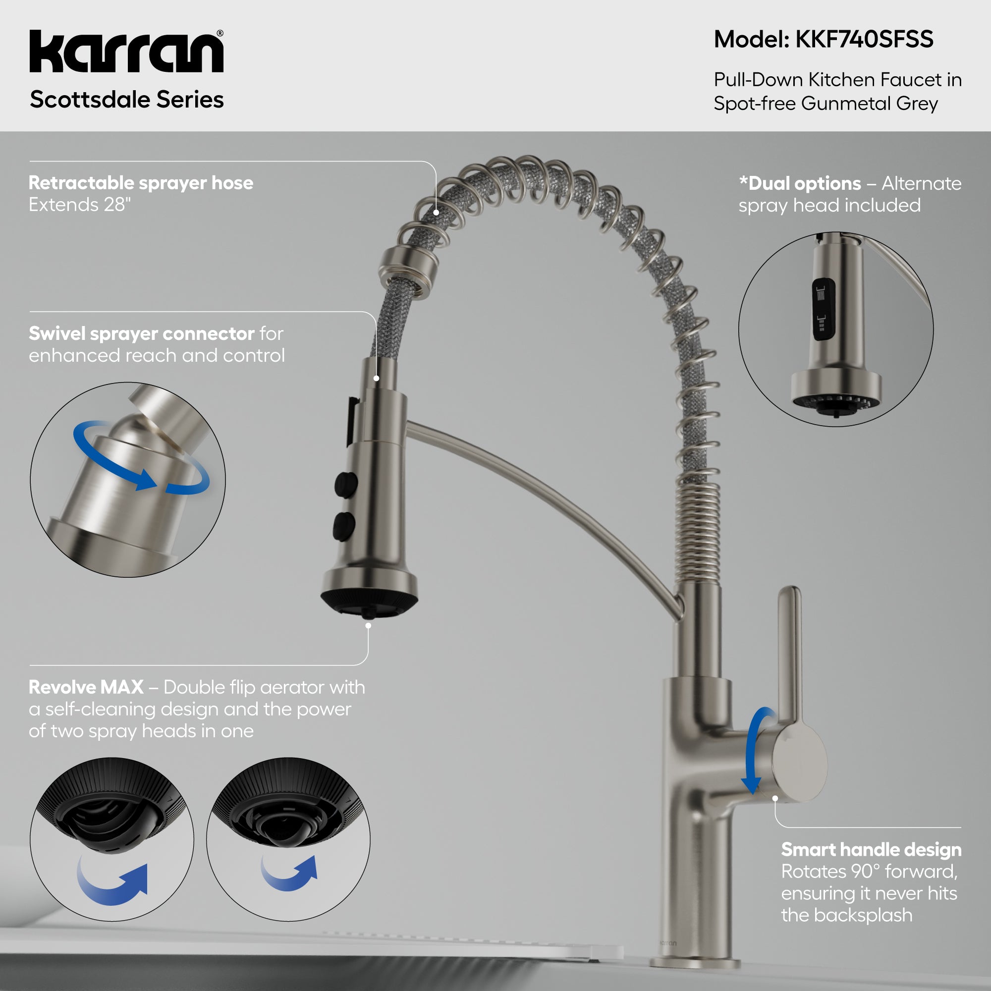 Karran Scottsdale 1.8 GPM Single Lever Lead-free Brass ADA Kitchen Faucet, Pull-Down, Spot Free Stainless Steel, KKF740SFSS