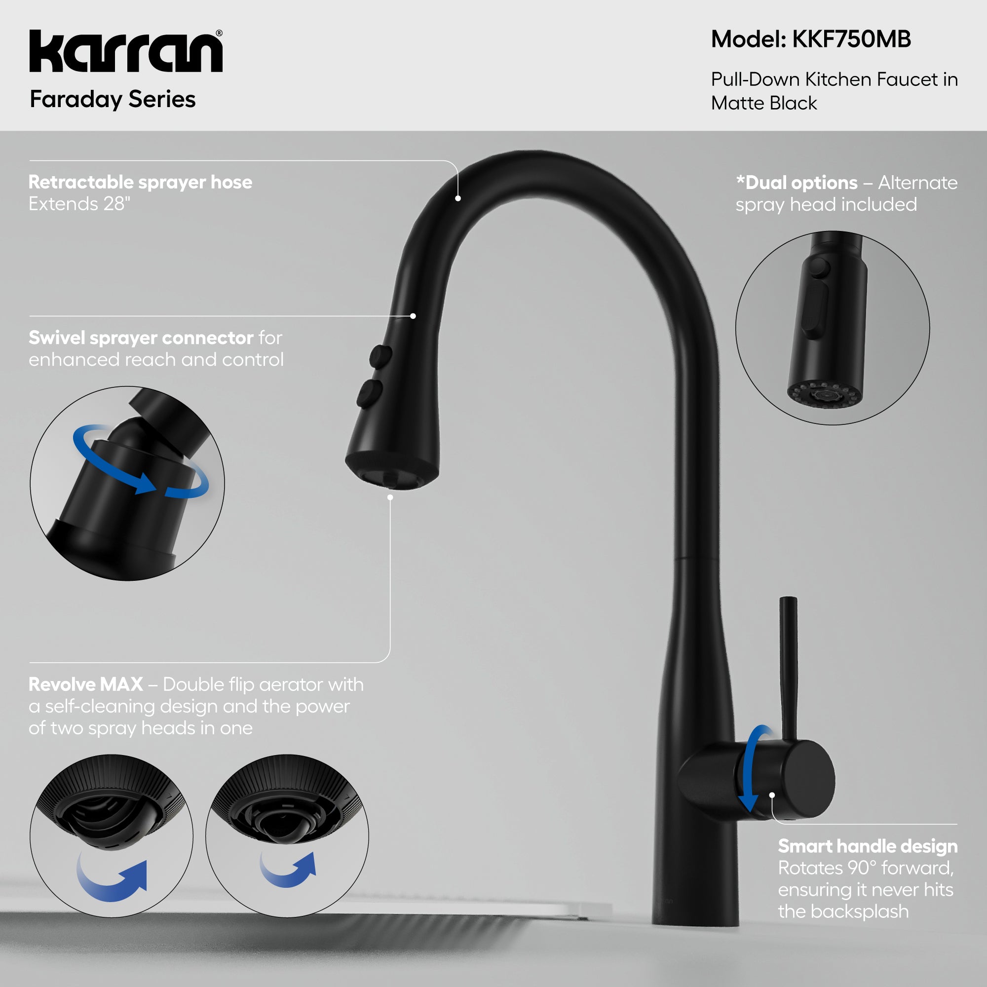 Karran Faraday 1.8 GPM Single Lever Lead-free Brass ADA Kitchen Faucet, Pull-Down, Matte Black, KKF750MB