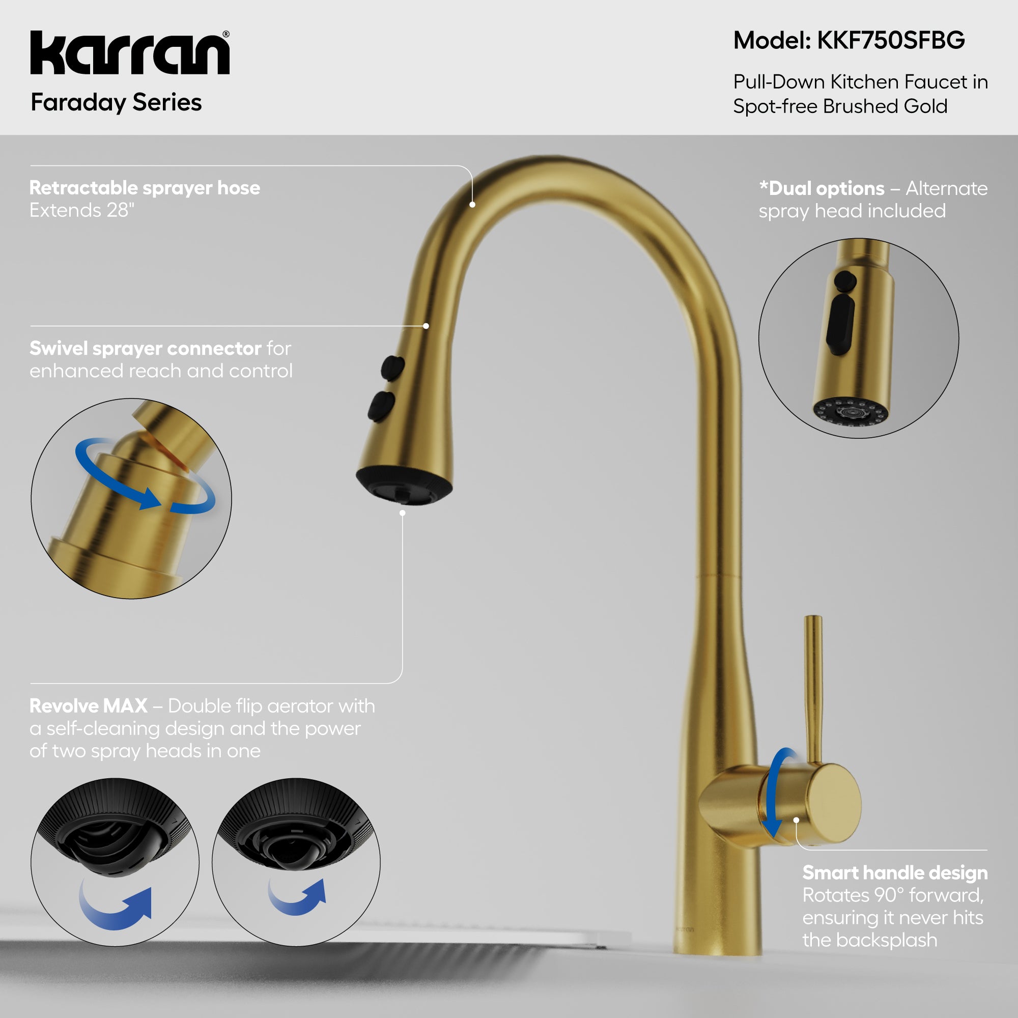 Karran Faraday 1.8 GPM Single Lever Lead-free Brass ADA Kitchen Faucet, Pull-Down, Spot-Free Brushed Gold, KKF750SFBG