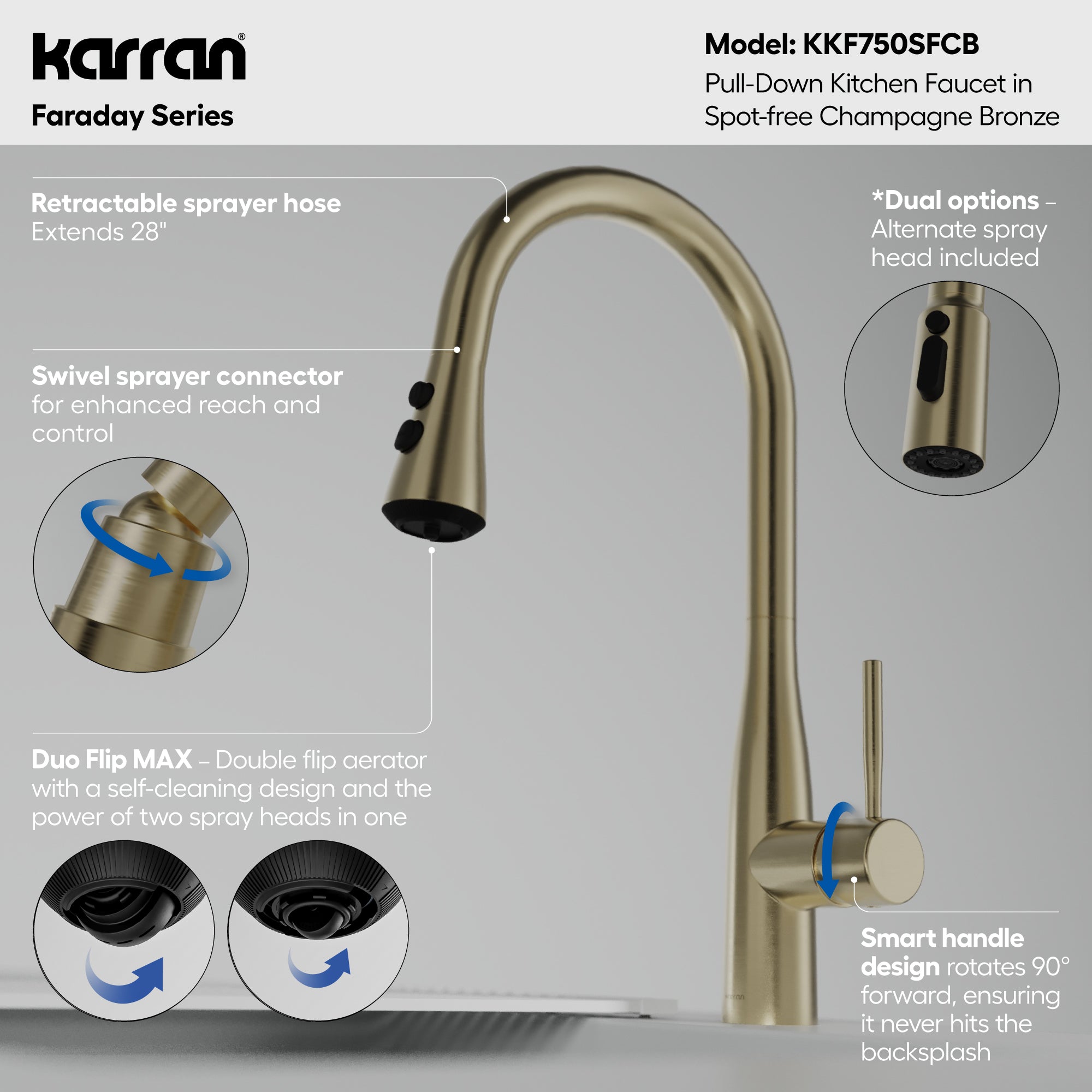Alternative View of Karran Faraday 1.8 GPM Single Lever Lead-free Brass ADA Kitchen Faucet, Pull-Down, Spot-Free Champagne Bronze, KKF750SFCB