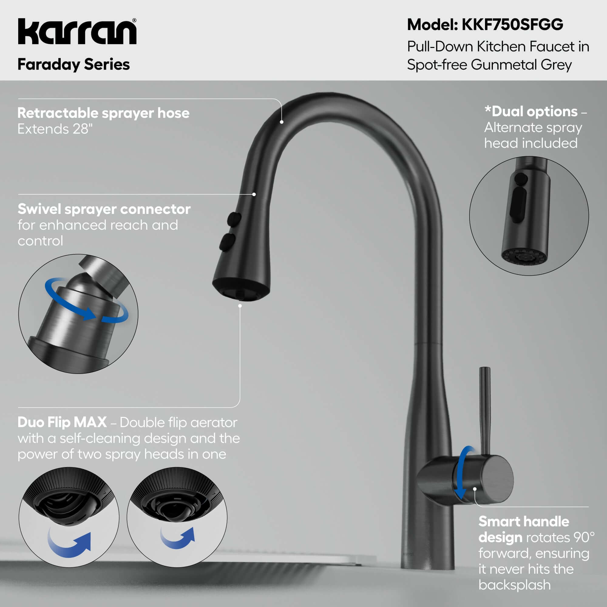 Alternative View of Karran Faraday 1.8 GPM Single Lever Lead-free Brass ADA Kitchen Faucet, Pull-Down, Spot-Free Gunmetal Grey, KKF750SFGG