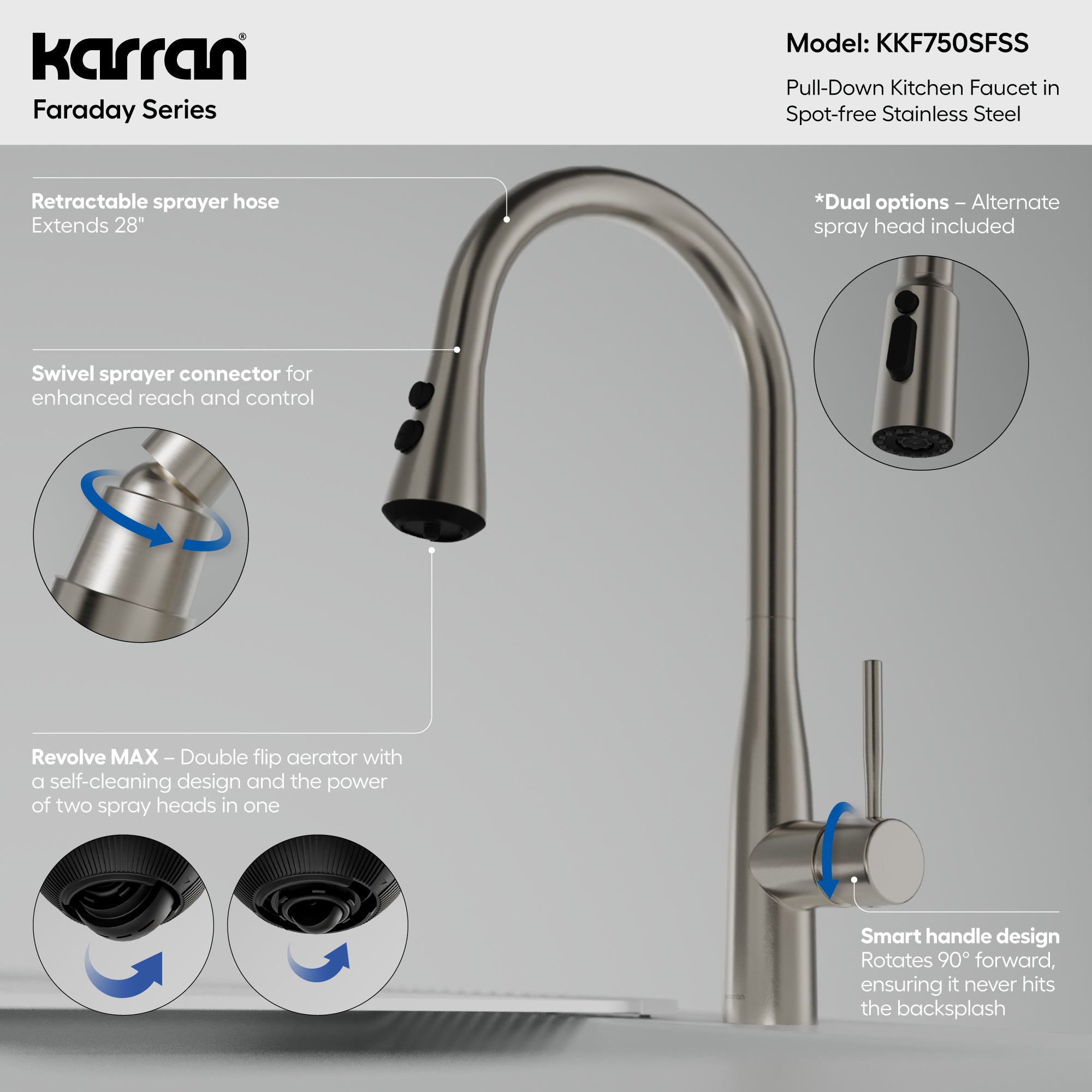 Karran Faraday 1.8 GPM Single Lever Lead-free Brass ADA Kitchen Faucet, Pull-Down, Spot Free Stainless Steel, KKF750SFSS