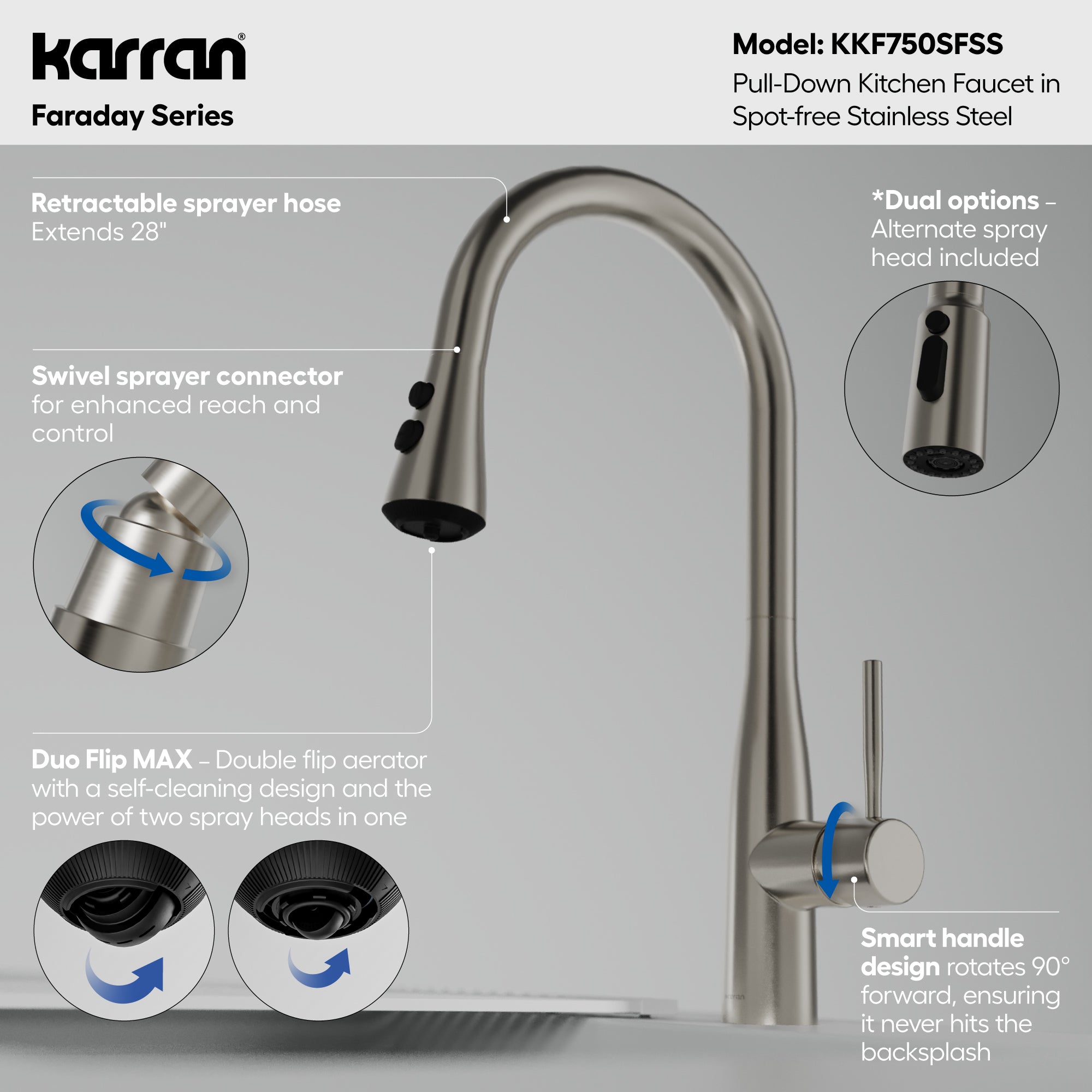 Alternative View of Karran Faraday 1.8 GPM Single Lever Lead-free Brass ADA Kitchen Faucet, Pull-Down, Spot Free Stainless Steel, KKF750SFSS
