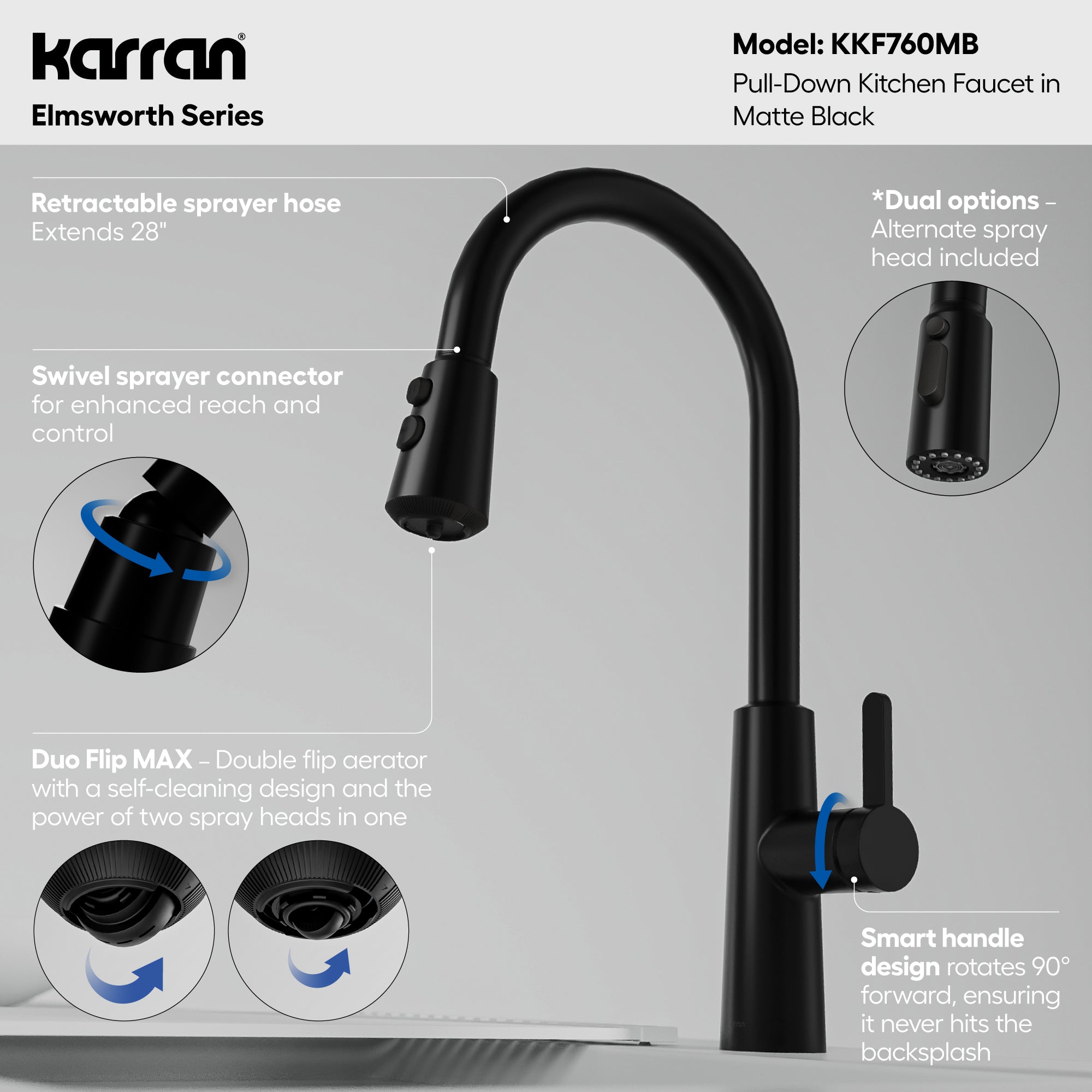 Alternative View of Karran Elmsworth 1.8 GPM Single Lever Lead-free Brass ADA Kitchen Faucet, Pull-Down, Matte Black, KKF760MB