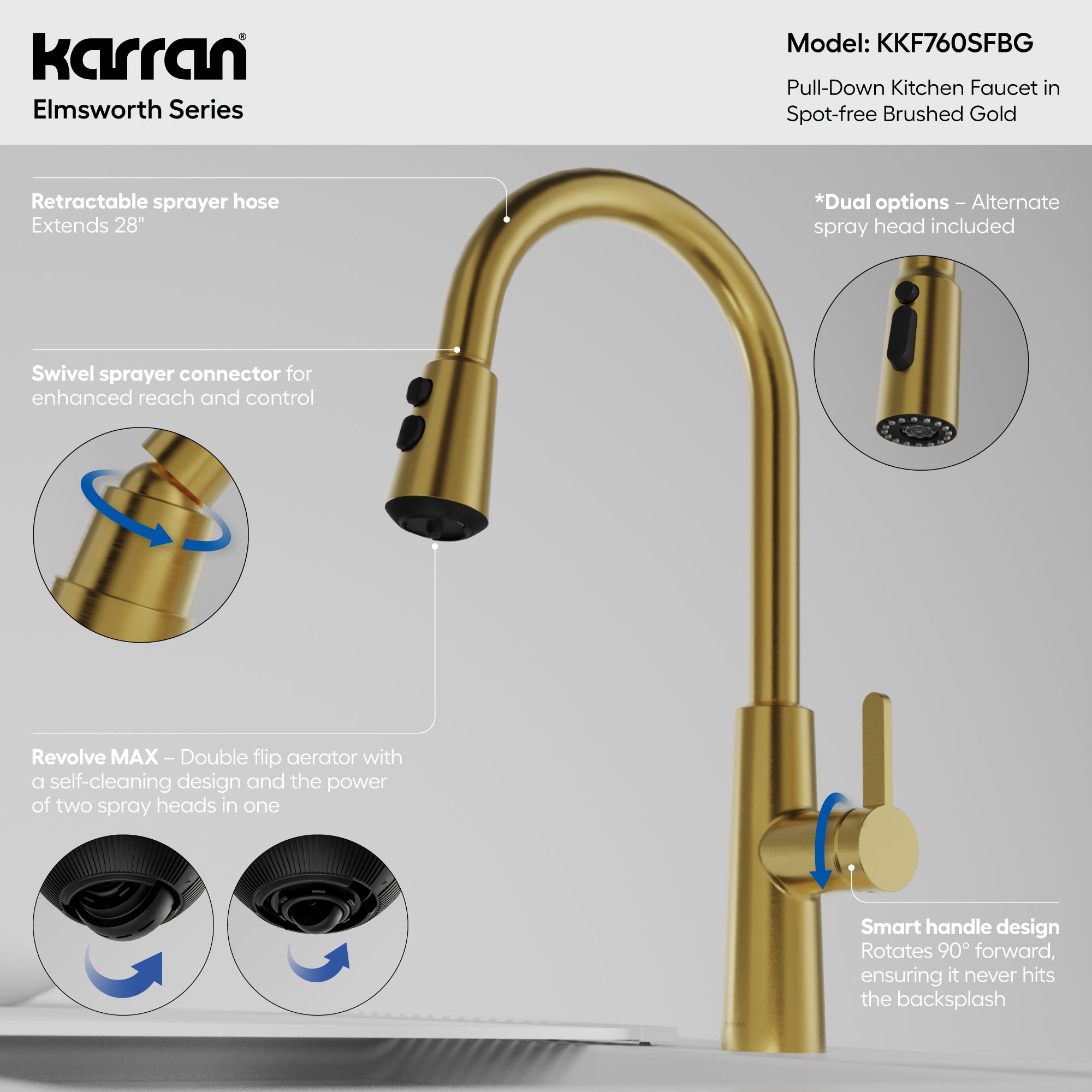 Karran Elmsworth 1.8 GPM Single Lever Lead-free Brass ADA Kitchen Faucet, Pull-Down, Spot-Free Brushed Gold, KKF760SFBG