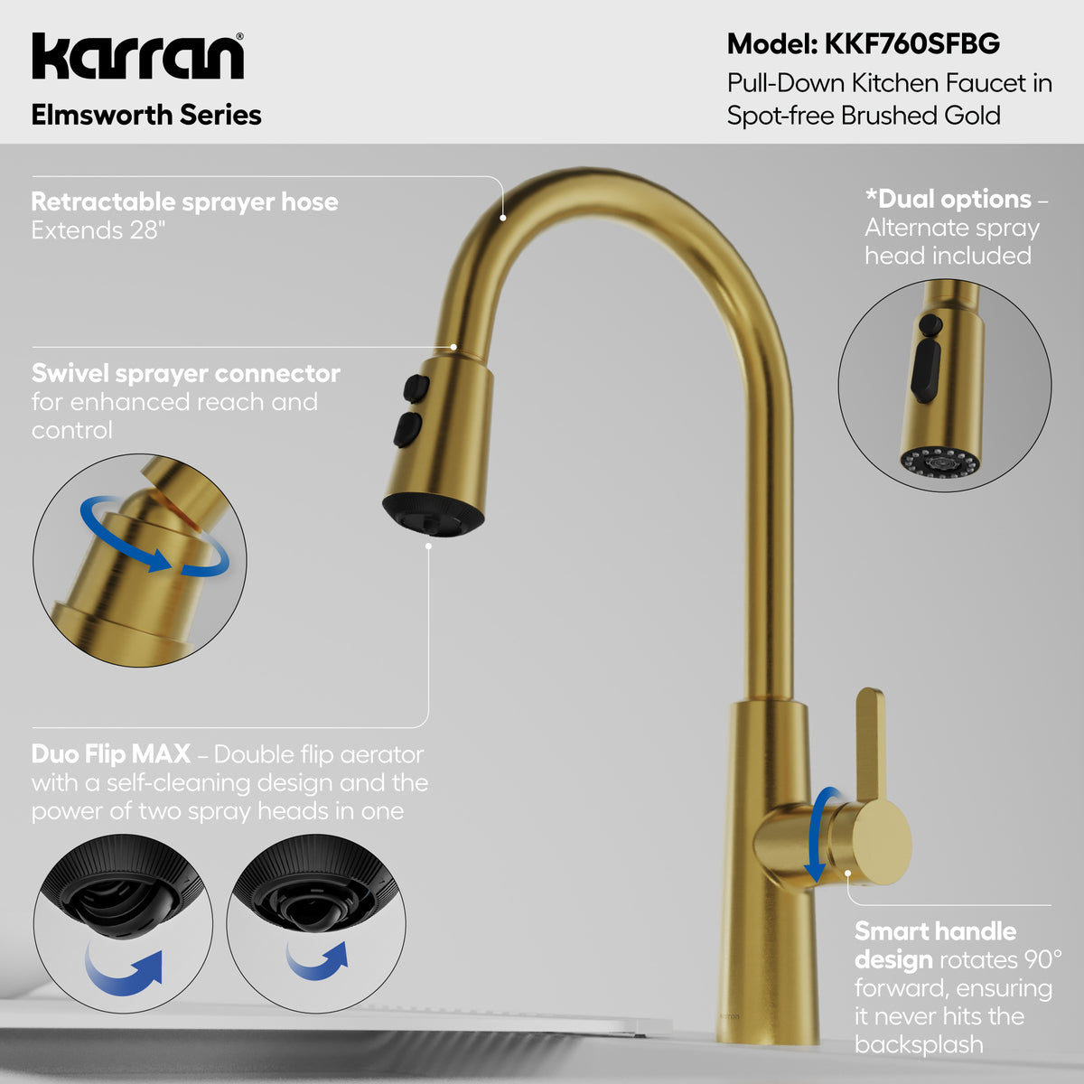 Alternative View of Karran Elmsworth 1.8 GPM Single Lever Lead-free Brass ADA Kitchen Faucet, Pull-Down, Spot-Free Brushed Gold, KKF760SFBG