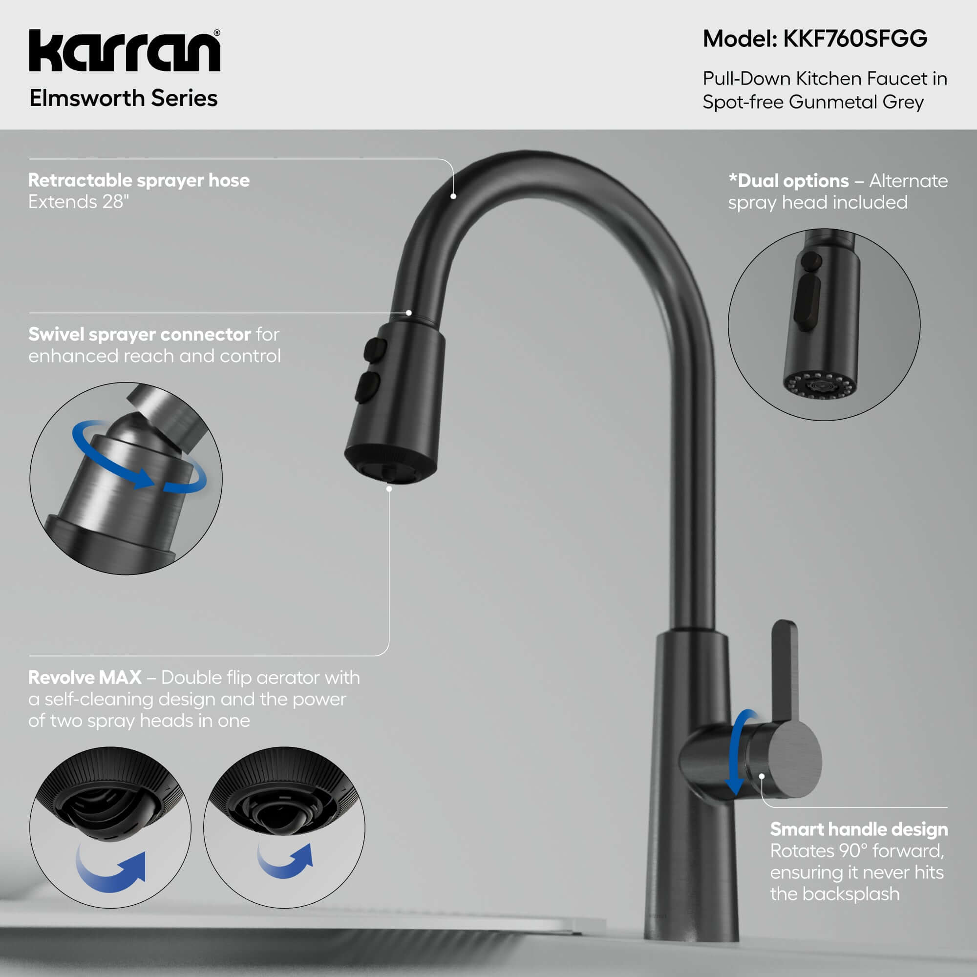 Karran Elmsworth 1.8 GPM Single Lever Lead-free Brass ADA Kitchen Faucet, Pull-Down, Spot-Free Gunmetal Grey, KKF760SFGG