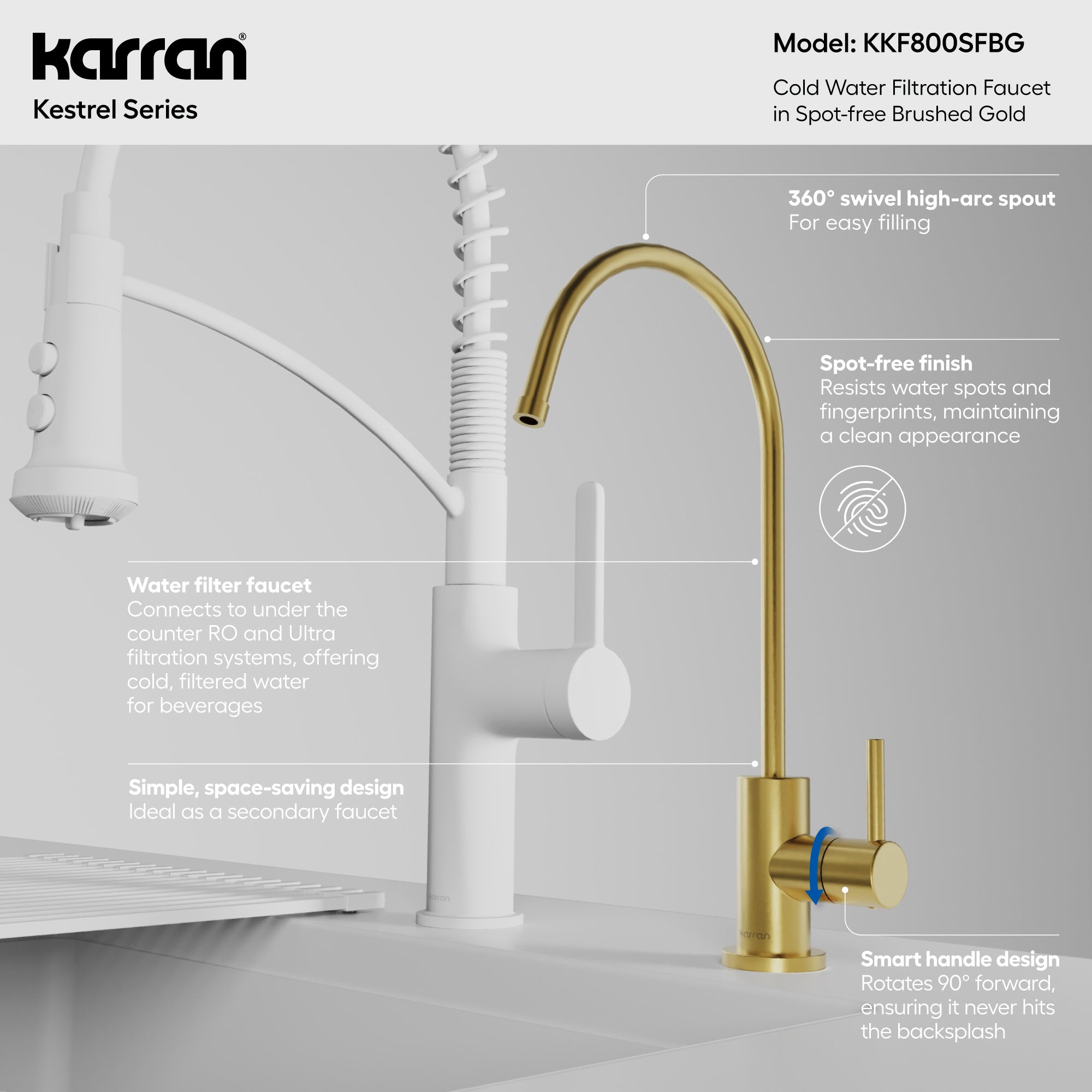 Karran Kestrel 1 GPM Single Lever Lead-free Brass ADA Beverage Faucet, Spot-Free Brushed Gold, KKF800SFBG