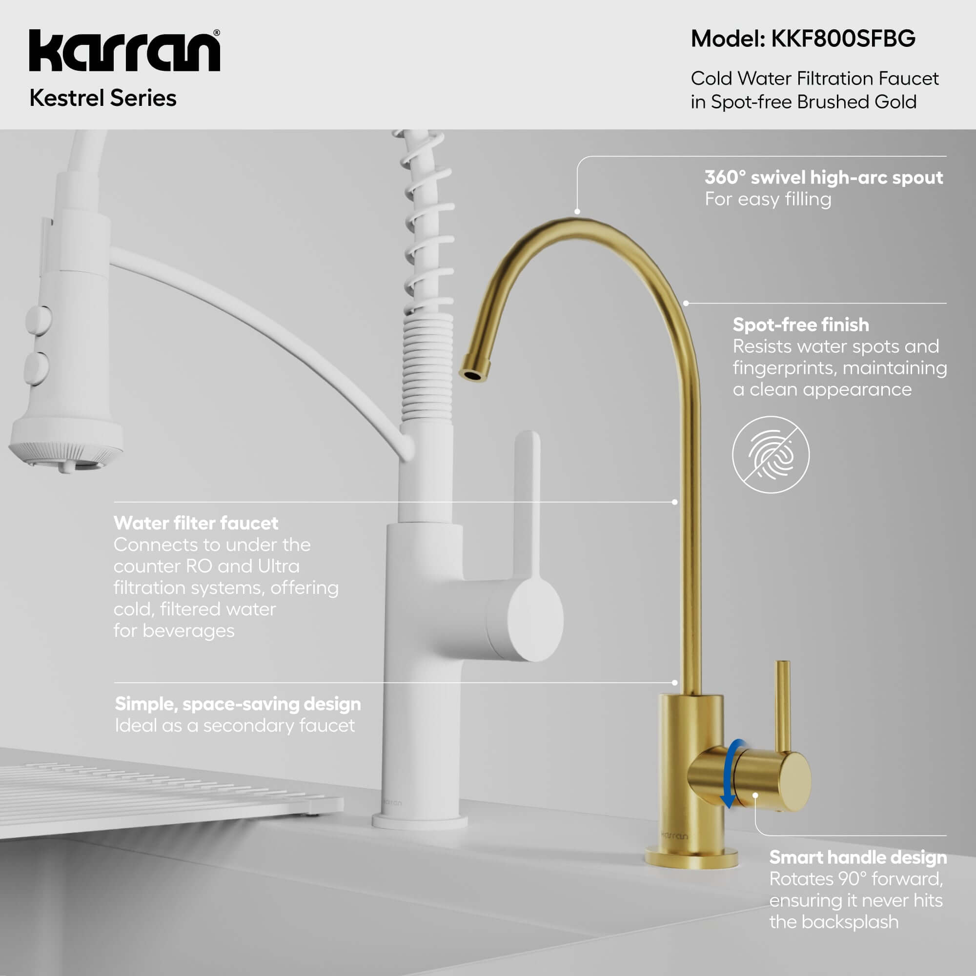 Karran Kestrel 1 GPM Single Lever Lead-free Brass ADA Beverage Faucet, Spot-Free Brushed Gold, KKF800SFBG