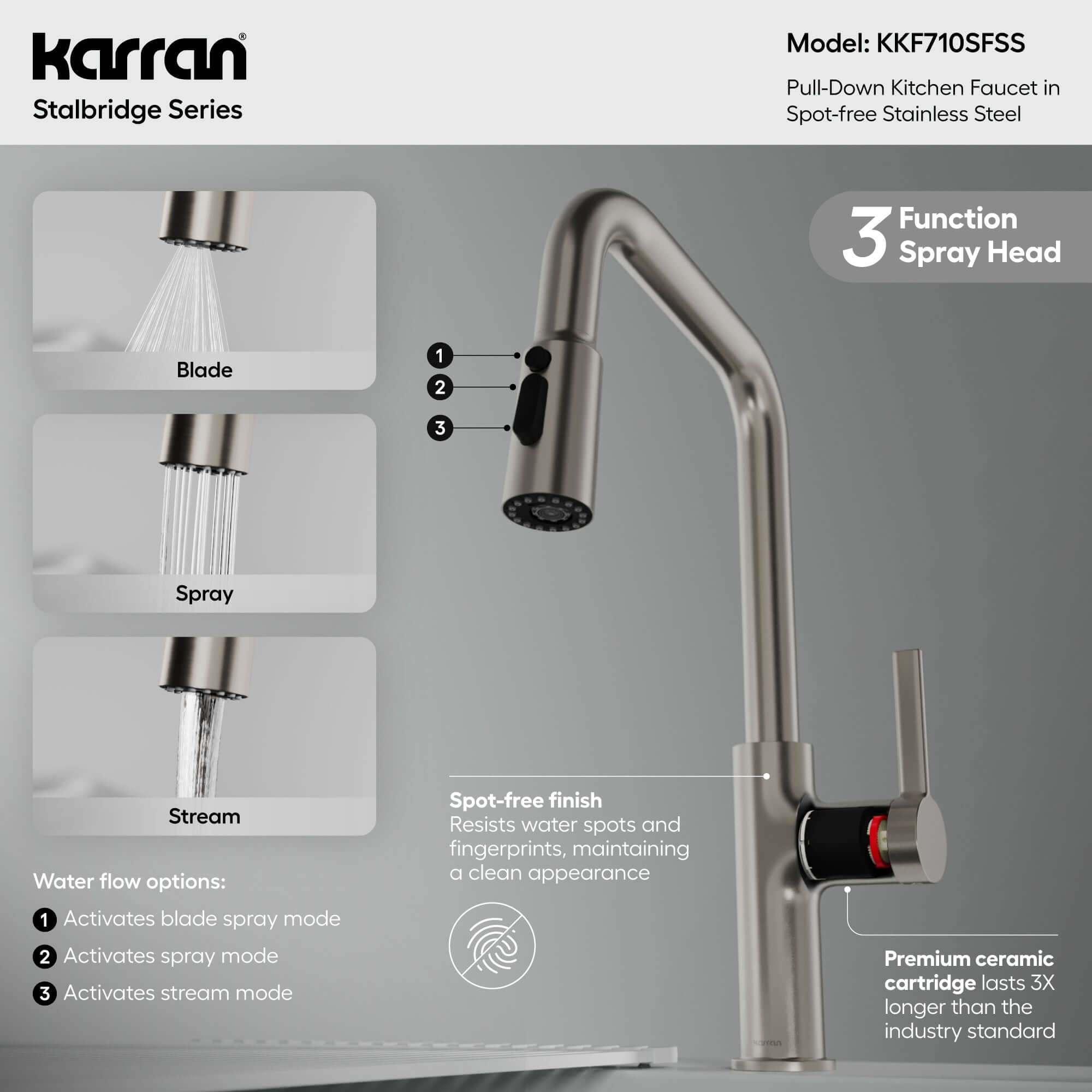 Karran Stalbridge 1.8 GPM Single Lever Lead-free Brass ADA Kitchen Faucet, Pull-Down, Spot Free Stainless Steel, KKF710SFSS