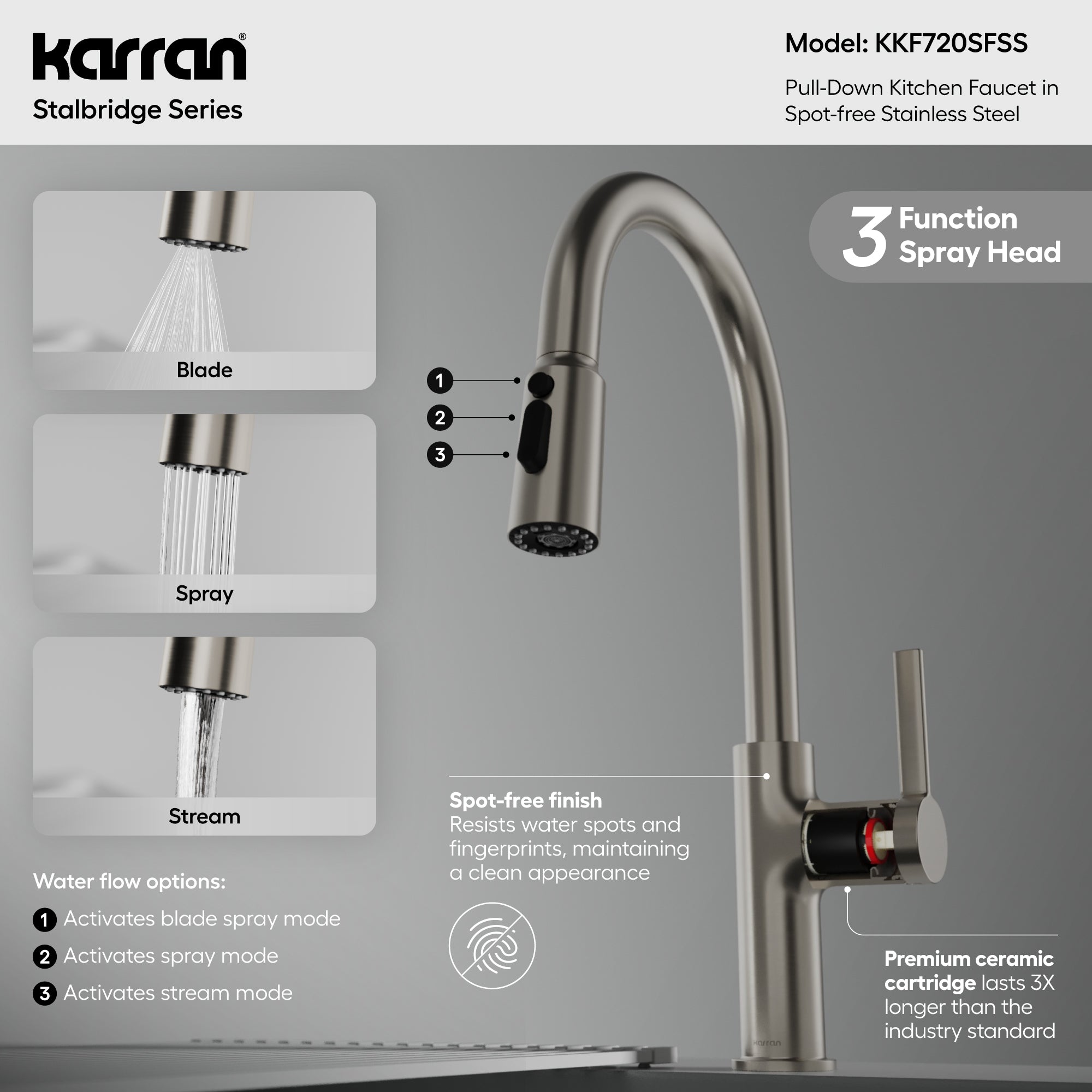 Karran Stalbridge 1.8 GPM Single Lever Lead-free Brass ADA Kitchen Faucet, Pull-Down, Spot Free Stainless Steel, KKF720SFSS
