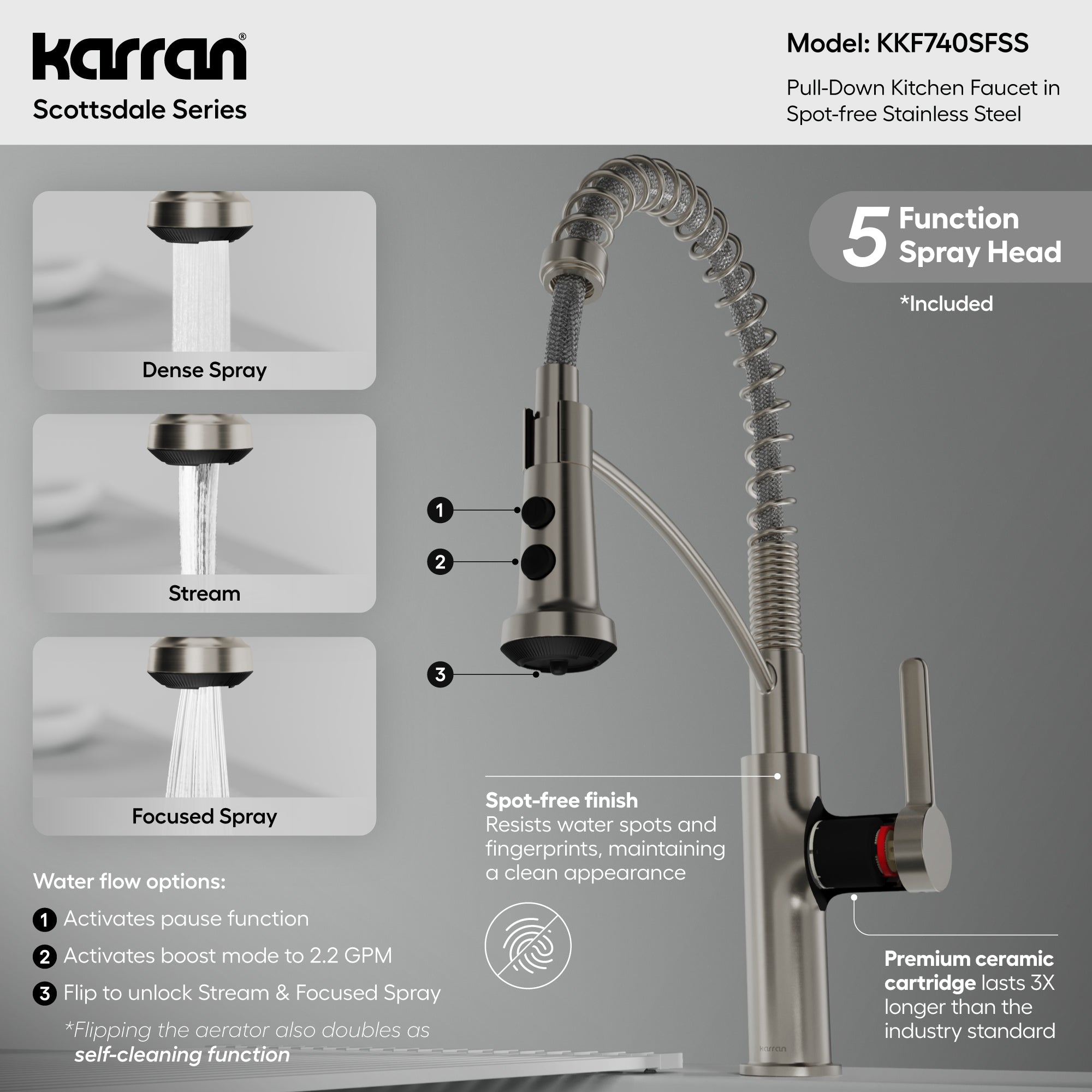 Karran Scottsdale 1.8 GPM Single Lever Lead-free Brass ADA Kitchen Faucet, Pull-Down, Spot Free Stainless Steel, KKF740SFSS