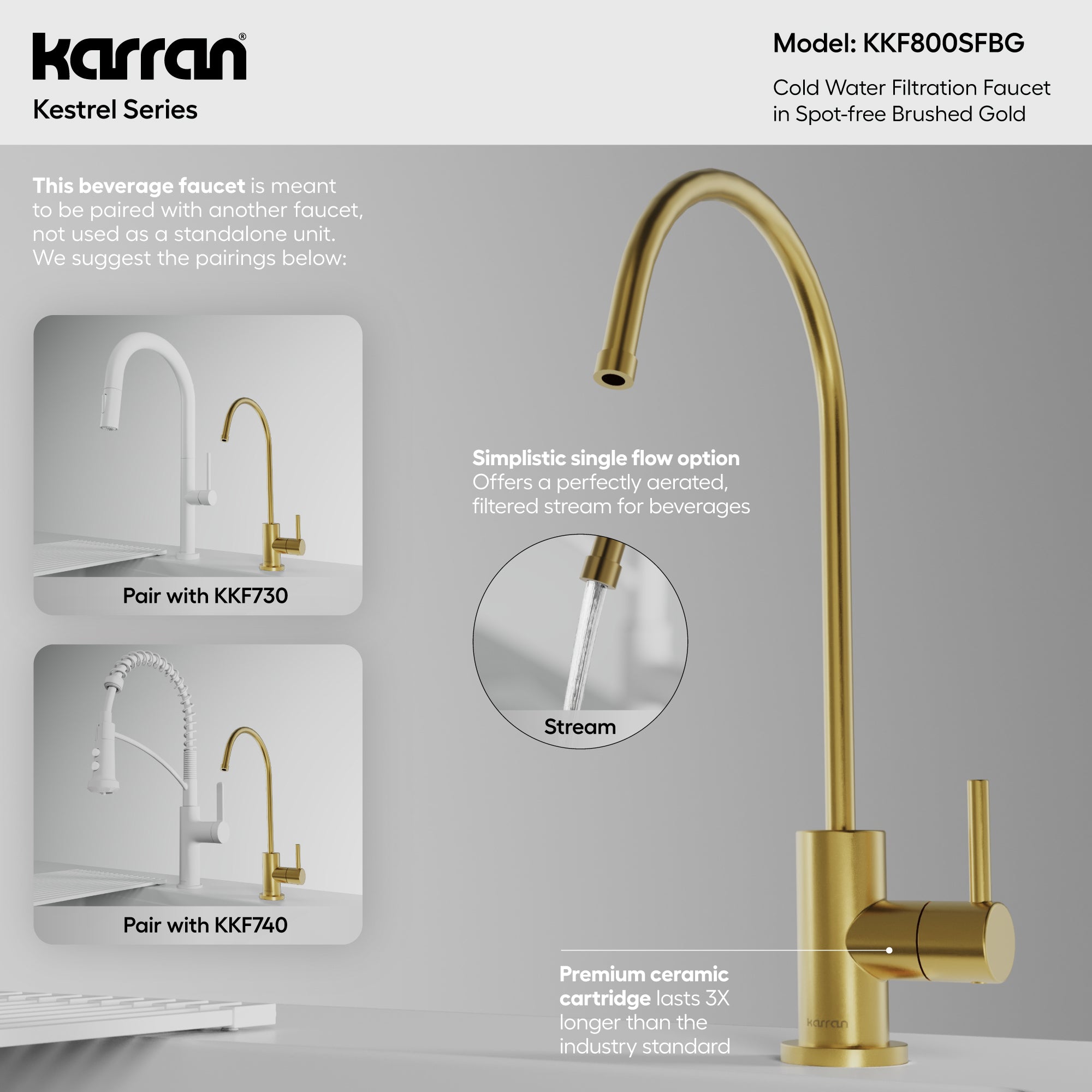 Karran Kestrel 1 GPM Single Lever Lead-free Brass ADA Beverage Faucet, Spot-Free Brushed Gold, KKF800SFBG