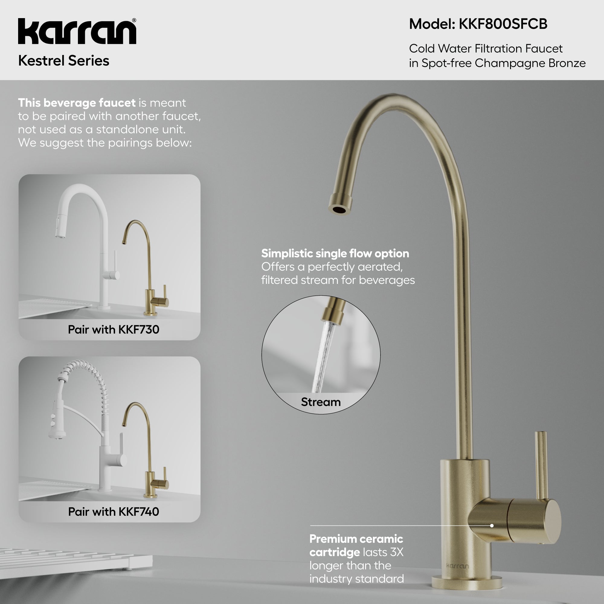 Karran Kestrel 1 GPM Single Lever Lead-free Brass ADA Beverage Faucet, Spot-Free Champagne Bronze, KKF800SFCB