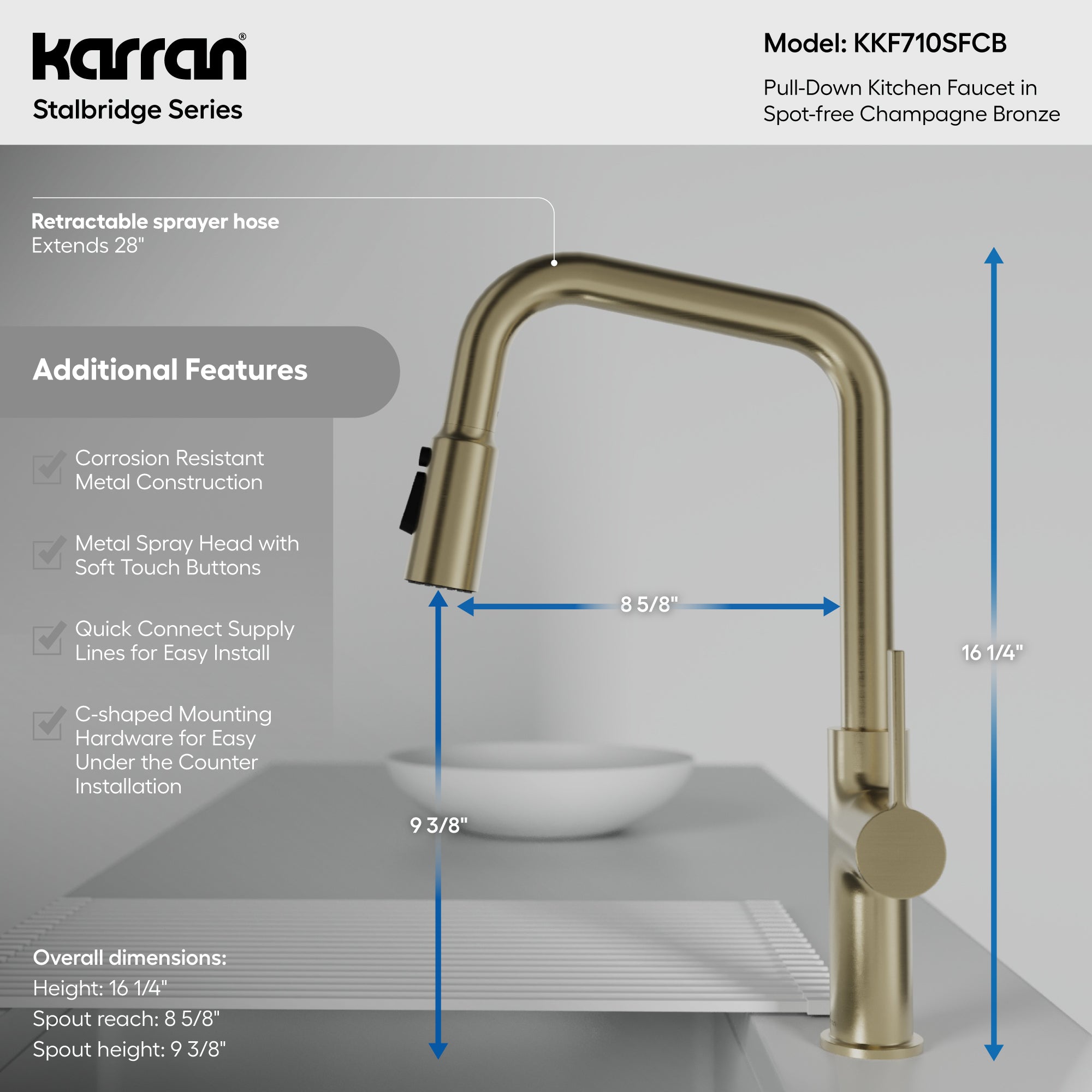 Karran Stalbridge 1.8 GPM Single Lever Lead-free Brass ADA Kitchen Faucet, Pull-Down, Spot-Free Champagne Bronze, KKF710SFCB