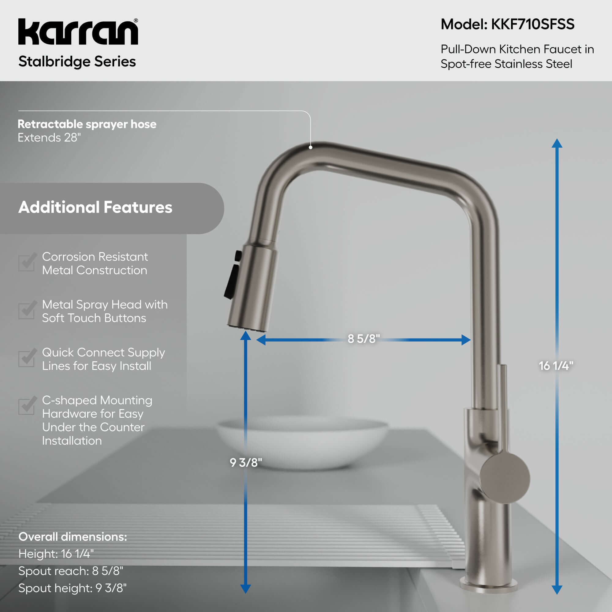 Karran Stalbridge 1.8 GPM Single Lever Lead-free Brass ADA Kitchen Faucet, Pull-Down, Spot Free Stainless Steel, KKF710SFSS