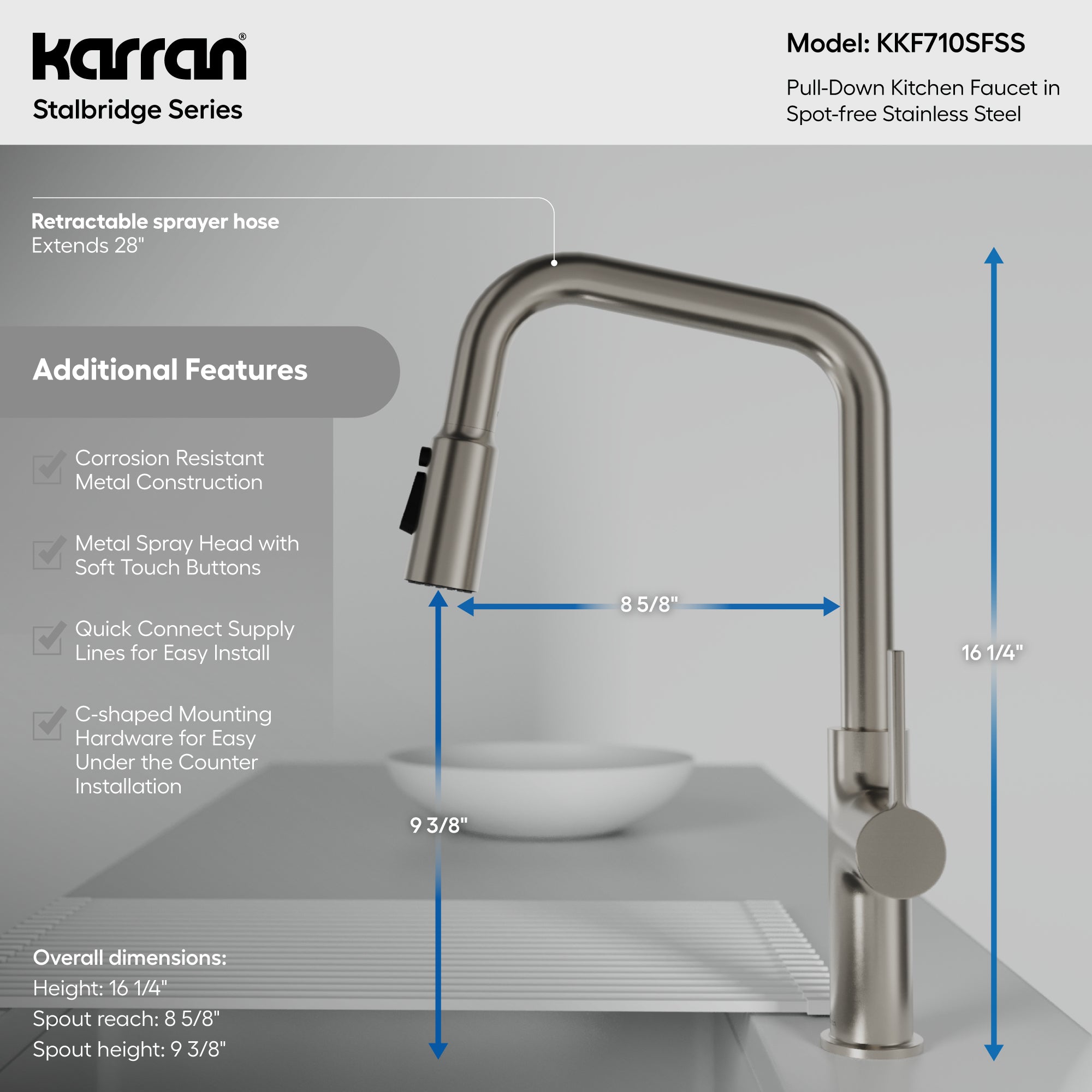 Karran Stalbridge 1.8 GPM Single Lever Lead-free Brass ADA Kitchen Faucet, Pull-Down, Spot Free Stainless Steel, KKF710SFSS