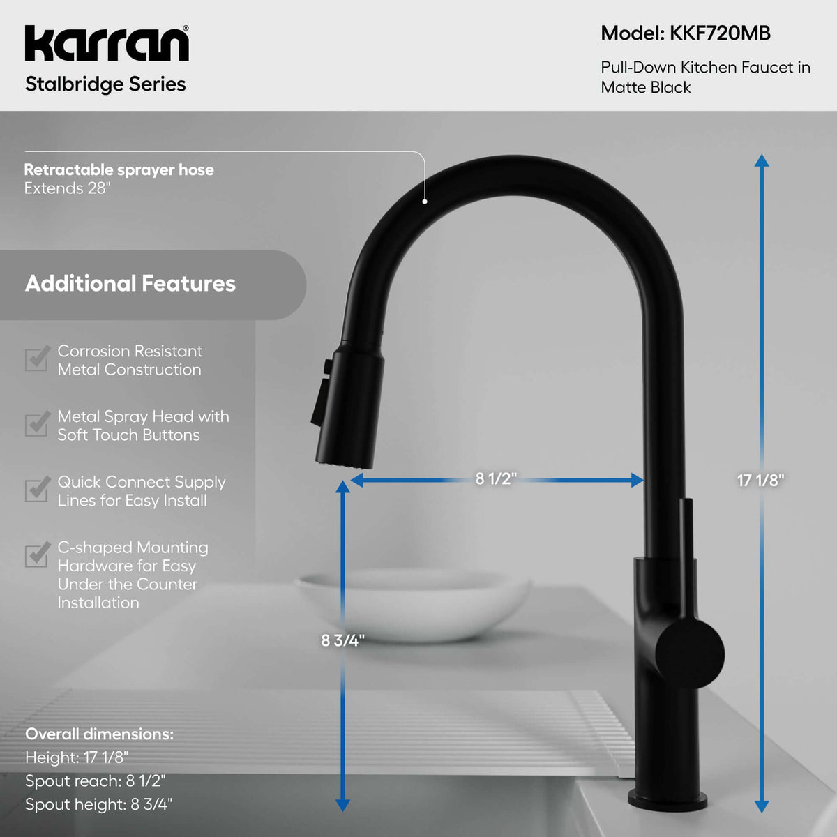 Karran Stalbridge 1.8 GPM Single Lever Lead-free Brass ADA Kitchen Faucet, Pull-Down, Matte Black, KKF720MB