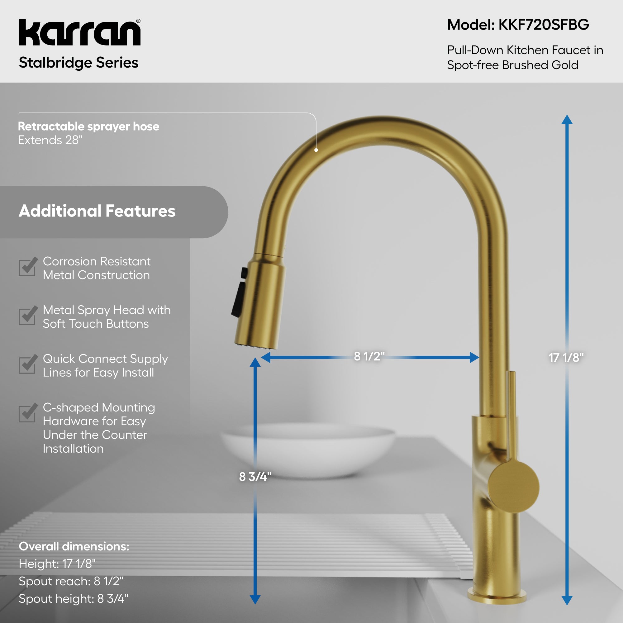 Karran Stalbridge 1.8 GPM Single Lever Lead-free Brass ADA Kitchen Faucet, Pull-Down, Spot-Free Brushed Gold, KKF720SFBG