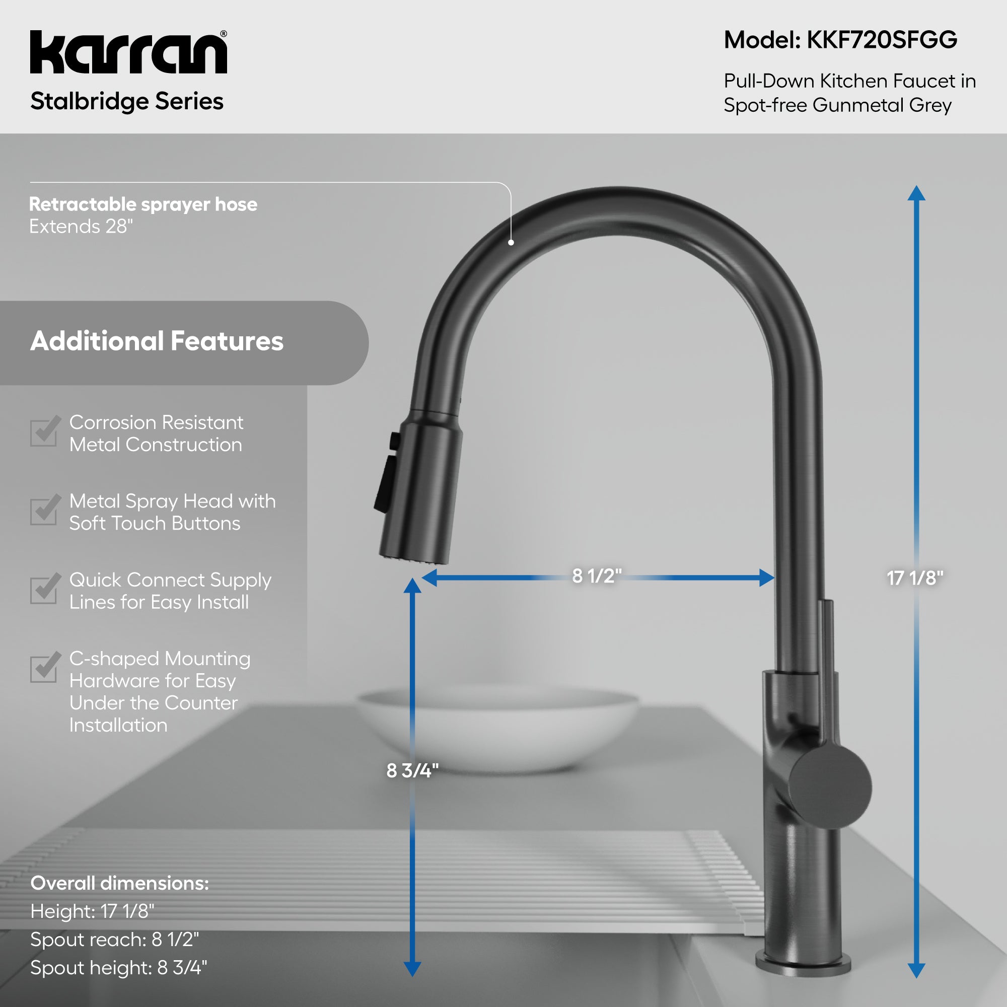 Karran Stalbridge 1.8 GPM Single Lever Lead-free Brass ADA Kitchen Faucet, Pull-Down, Spot-Free Gunmetal Grey, KKF720SFGG
