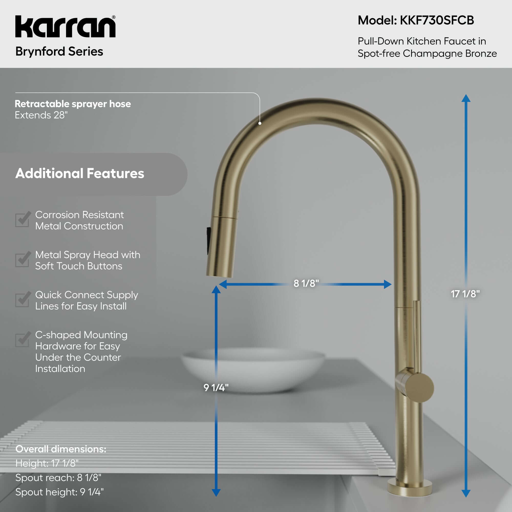 Karran Brynford 1.8 GPM Single Lever Lead-free Brass ADA Kitchen Faucet, Pull-Down, Spot-Free Champagne Bronze, KKF730SFCB