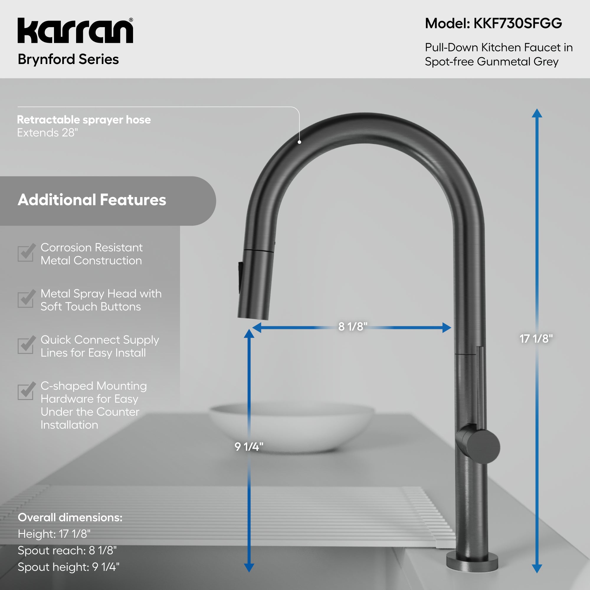 Karran Brynford 1.8 GPM Single Lever Lead-free Brass ADA Kitchen Faucet, Pull-Down, Spot-Free Gunmetal Grey, KKF730SFGG