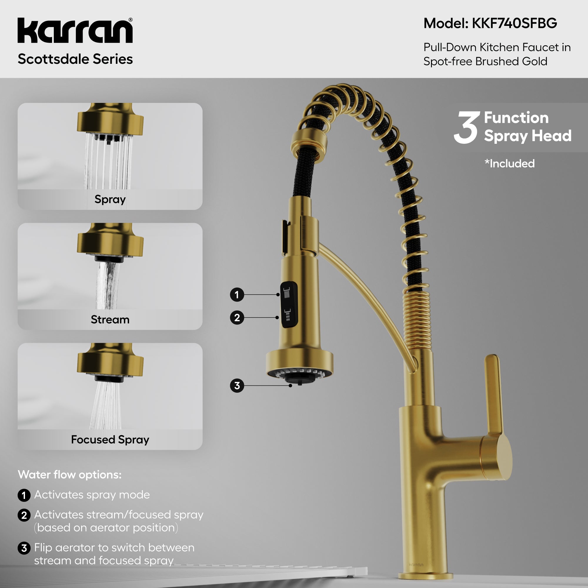Karran Scottsdale 1.8 GPM Single Lever Lead-free Brass ADA Kitchen Faucet, Pull-Down, Spot-Free Brushed Gold, KKF740SFBG