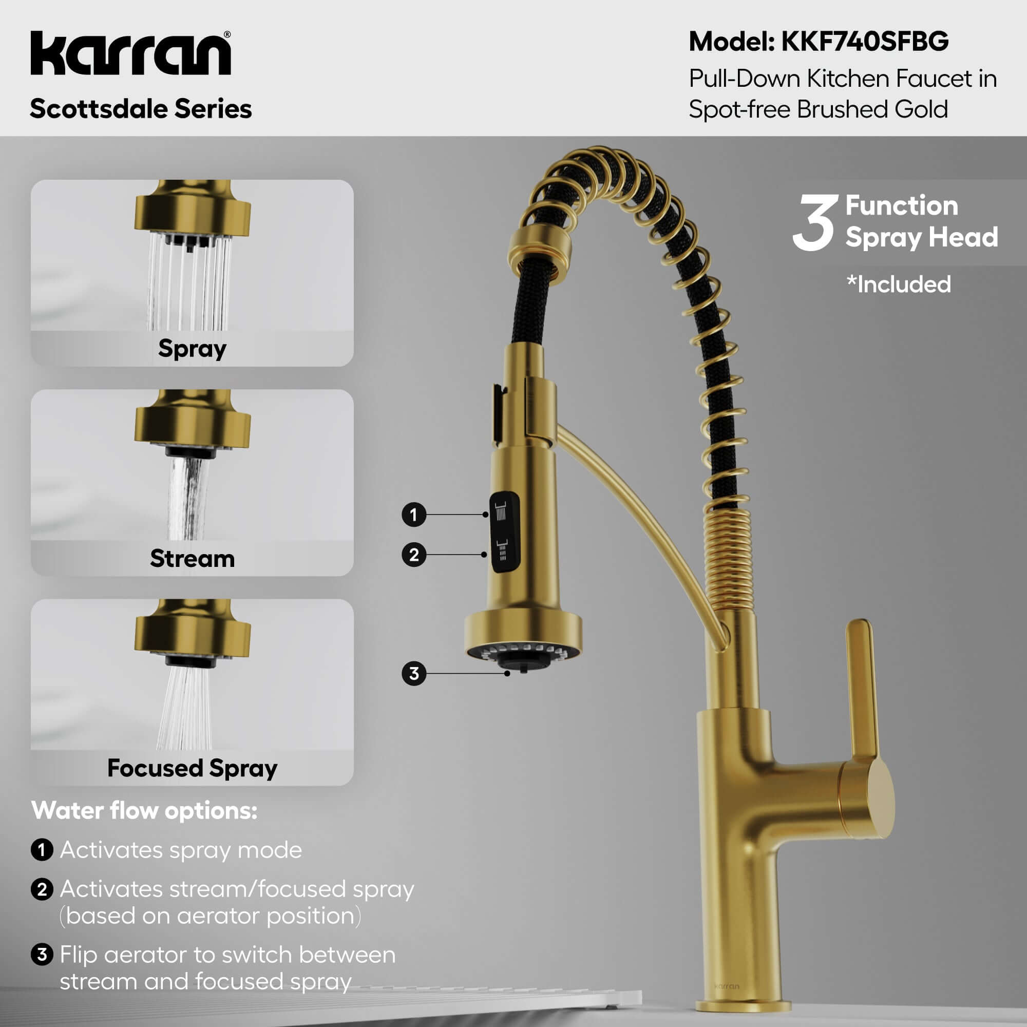 Alternative View of Karran Scottsdale 1.8 GPM Single Lever Lead-free Brass ADA Kitchen Faucet, Pull-Down, Spot-Free Brushed Gold, KKF740SFBG
