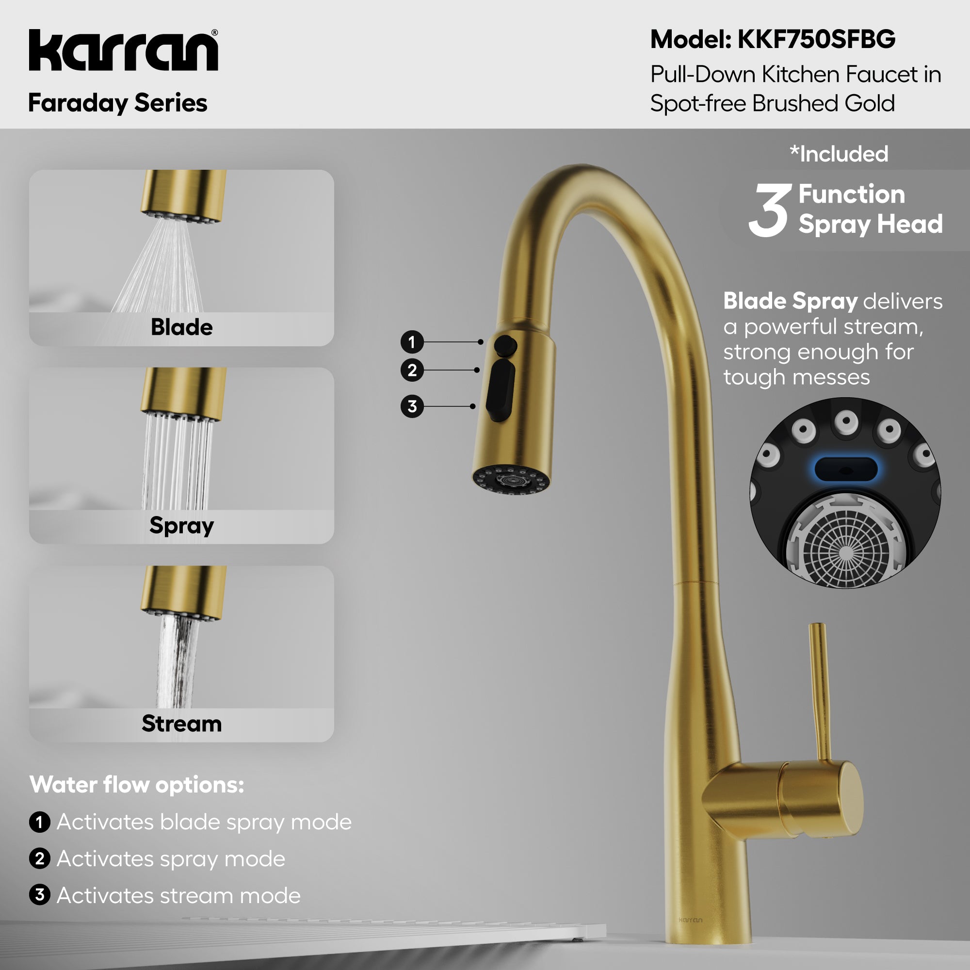 Alternative View of Karran Faraday 1.8 GPM Single Lever Lead-free Brass ADA Kitchen Faucet, Pull-Down, Spot-Free Brushed Gold, KKF750SFBG