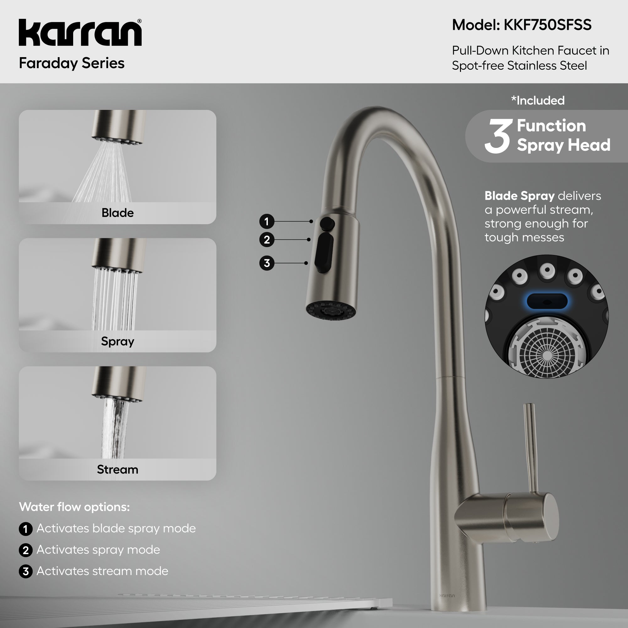 Karran Faraday 1.8 GPM Single Lever Lead-free Brass ADA Kitchen Faucet, Pull-Down, Spot Free Stainless Steel, KKF750SFSS