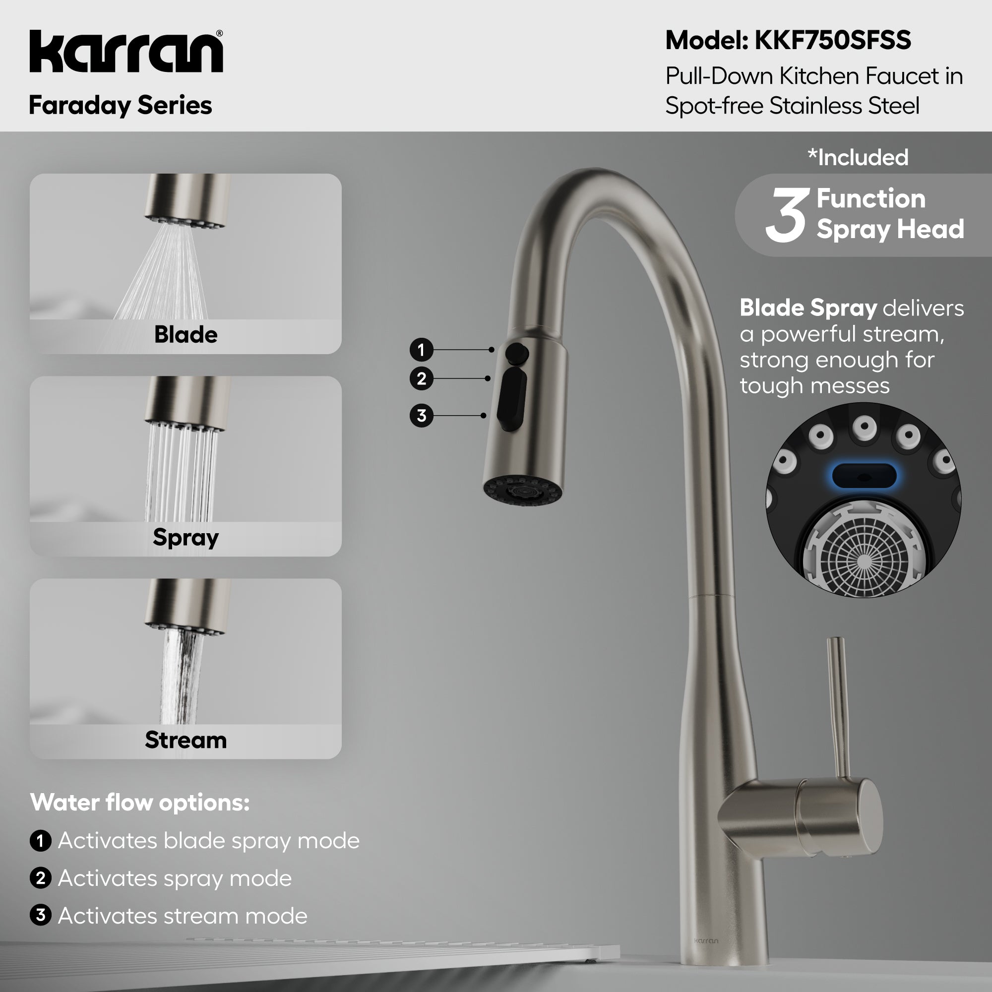 Alternative View of Karran Faraday 1.8 GPM Single Lever Lead-free Brass ADA Kitchen Faucet, Pull-Down, Spot Free Stainless Steel, KKF750SFSS