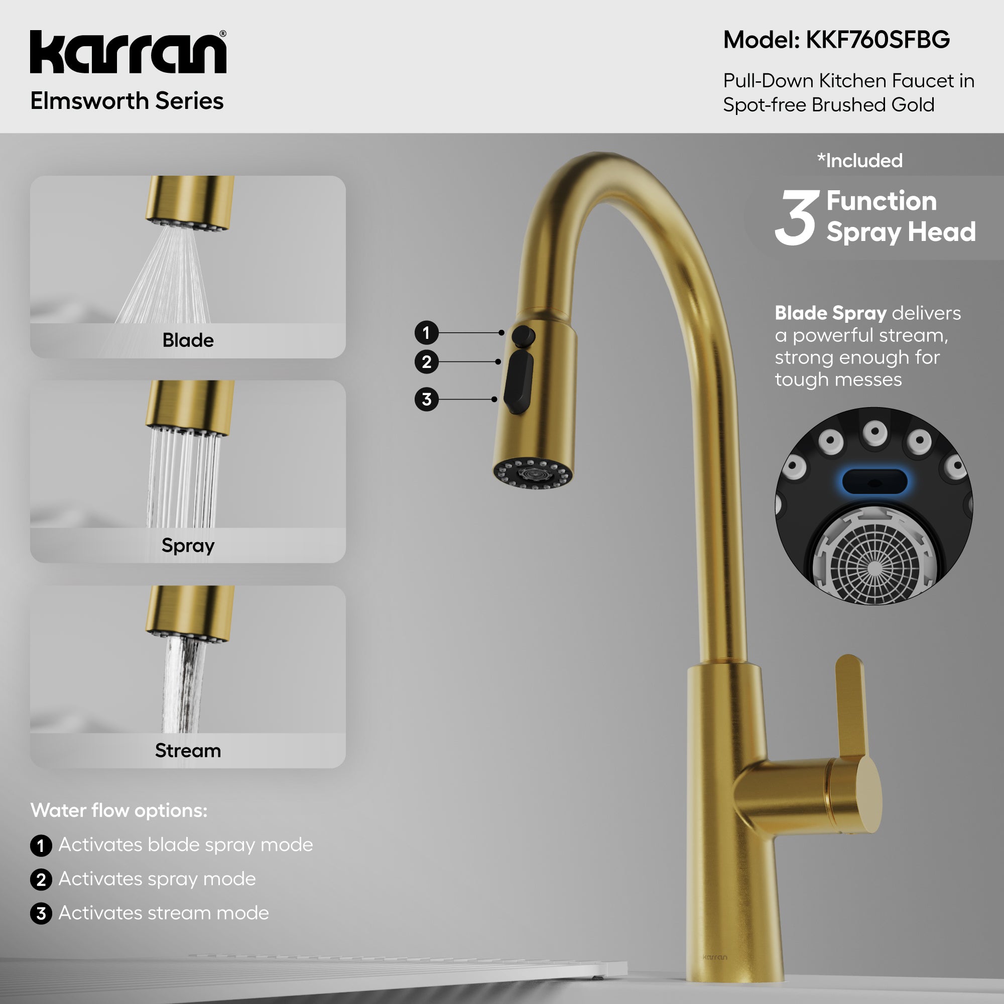 Karran Elmsworth 1.8 GPM Single Lever Lead-free Brass ADA Kitchen Faucet, Pull-Down, Spot-Free Brushed Gold, KKF760SFBG