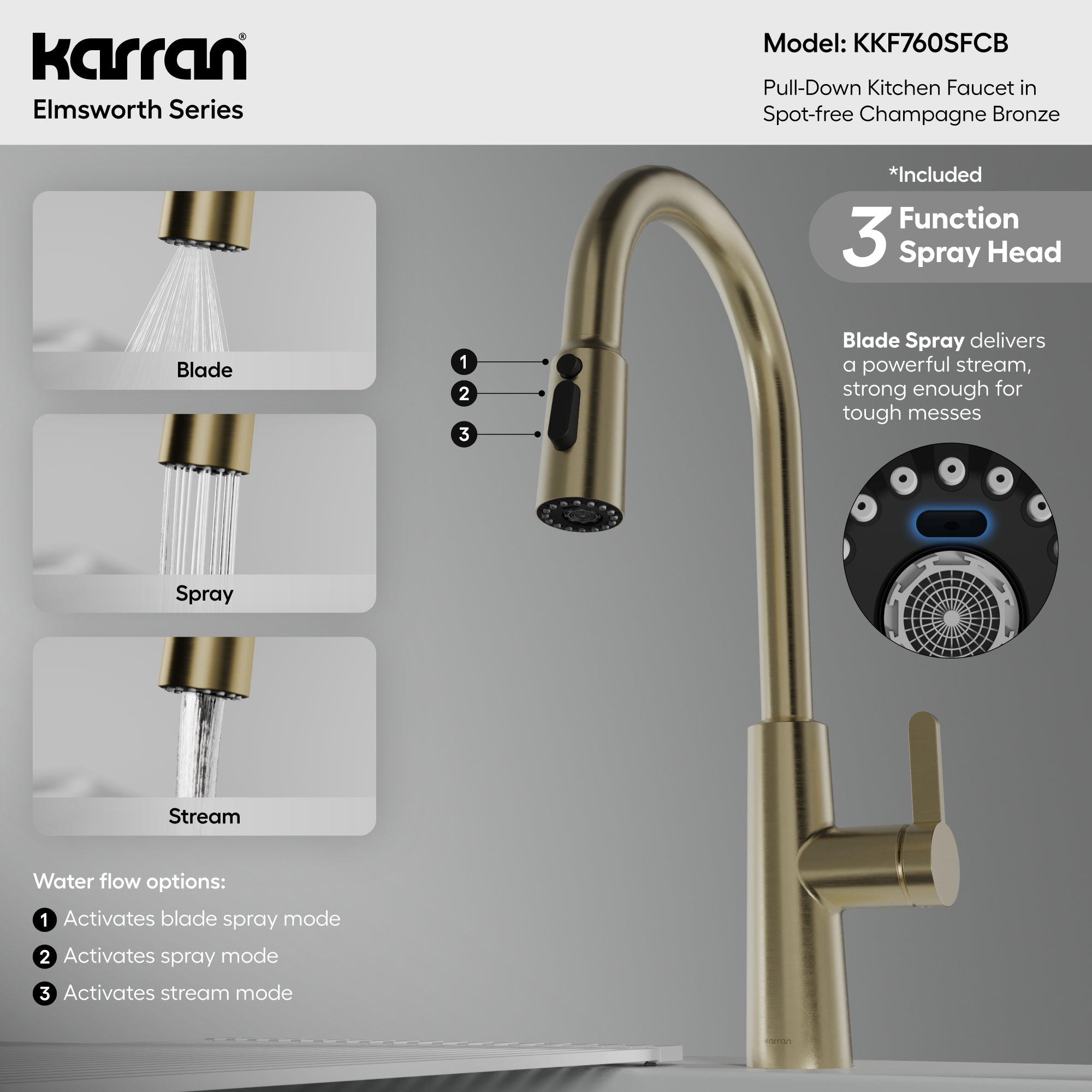 Karran Elmsworth 1.8 GPM Single Lever Lead-free Brass ADA Kitchen Faucet, Pull-Down, Spot-Free Champagne Bronze, KKF760SFCB