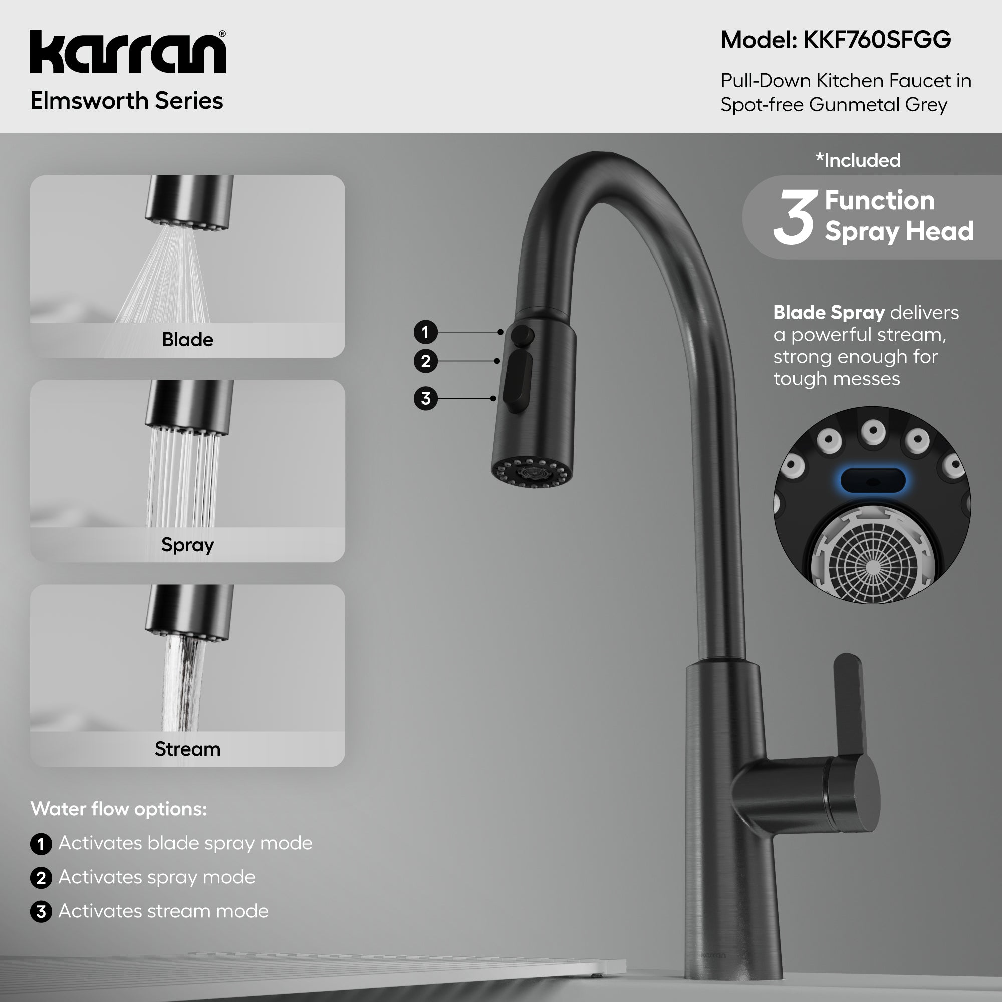 Karran Elmsworth 1.8 GPM Single Lever Lead-free Brass ADA Kitchen Faucet, Pull-Down, Spot-Free Gunmetal Grey, KKF760SFGG