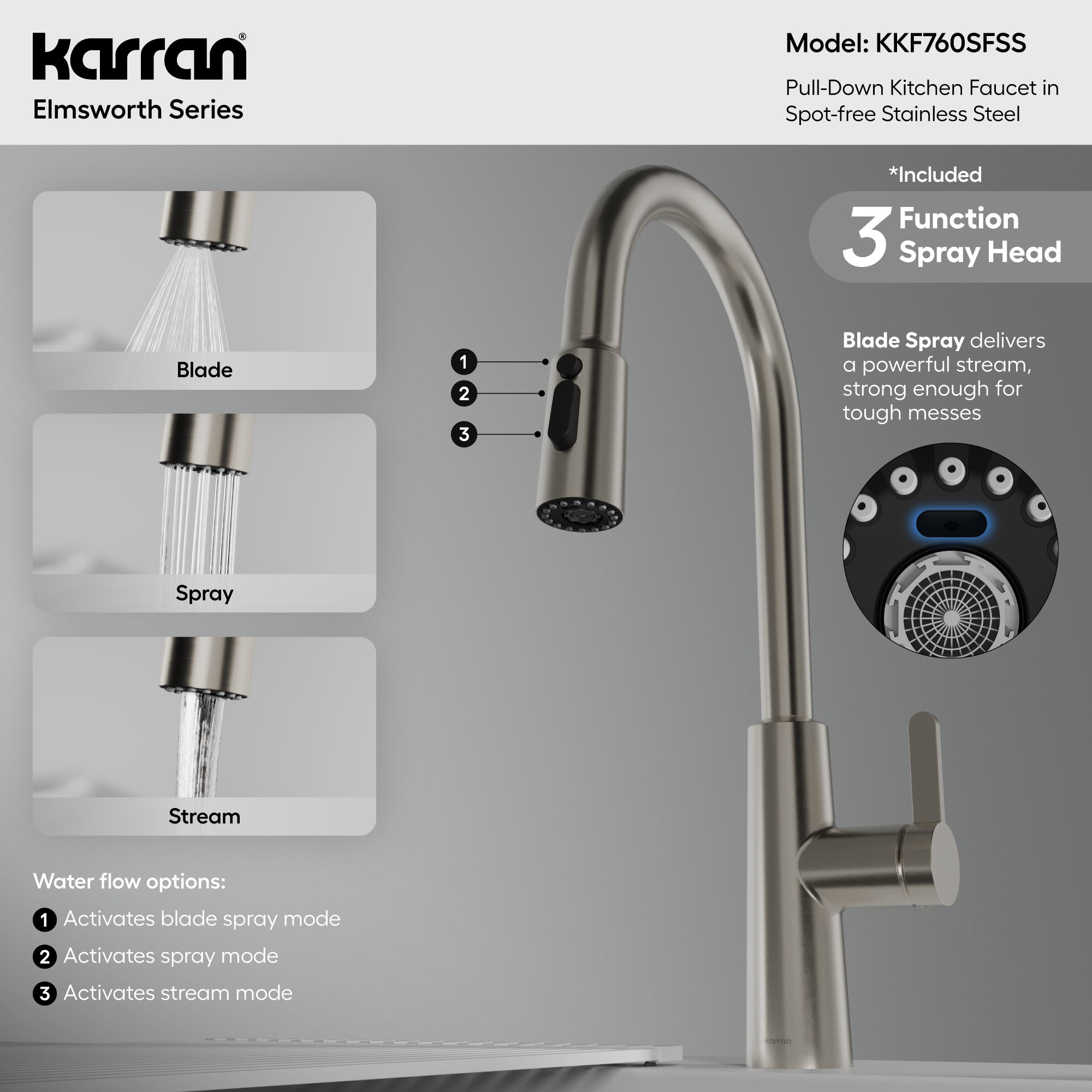 Karran Elmsworth 1.8 GPM Single Lever Lead-free Brass ADA Kitchen Faucet, Pull-Down, Spot Free Stainless Steel, KKF760SFSS