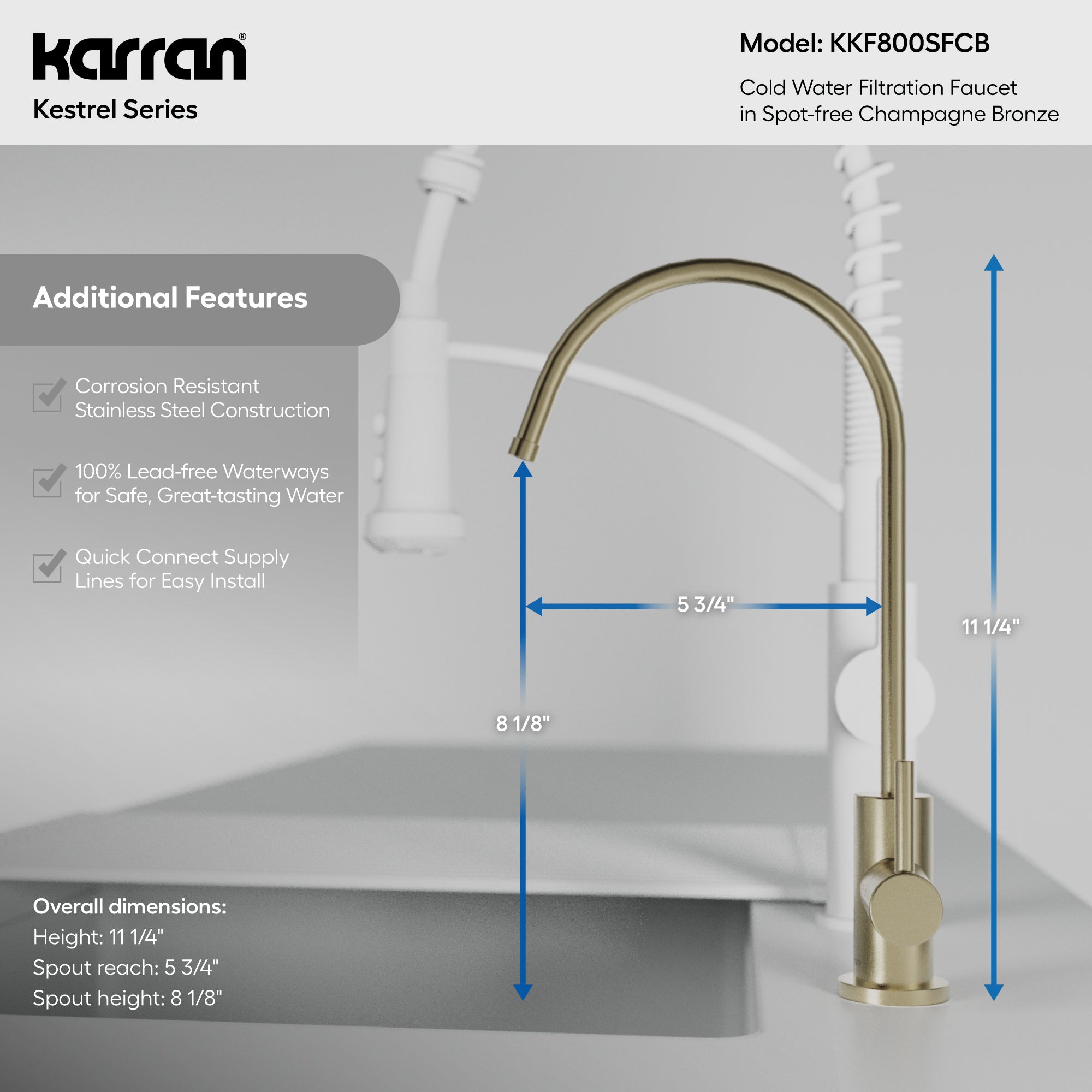 Karran Kestrel 1 GPM Single Lever Lead-free Brass ADA Beverage Faucet, Spot-Free Champagne Bronze, KKF800SFCB