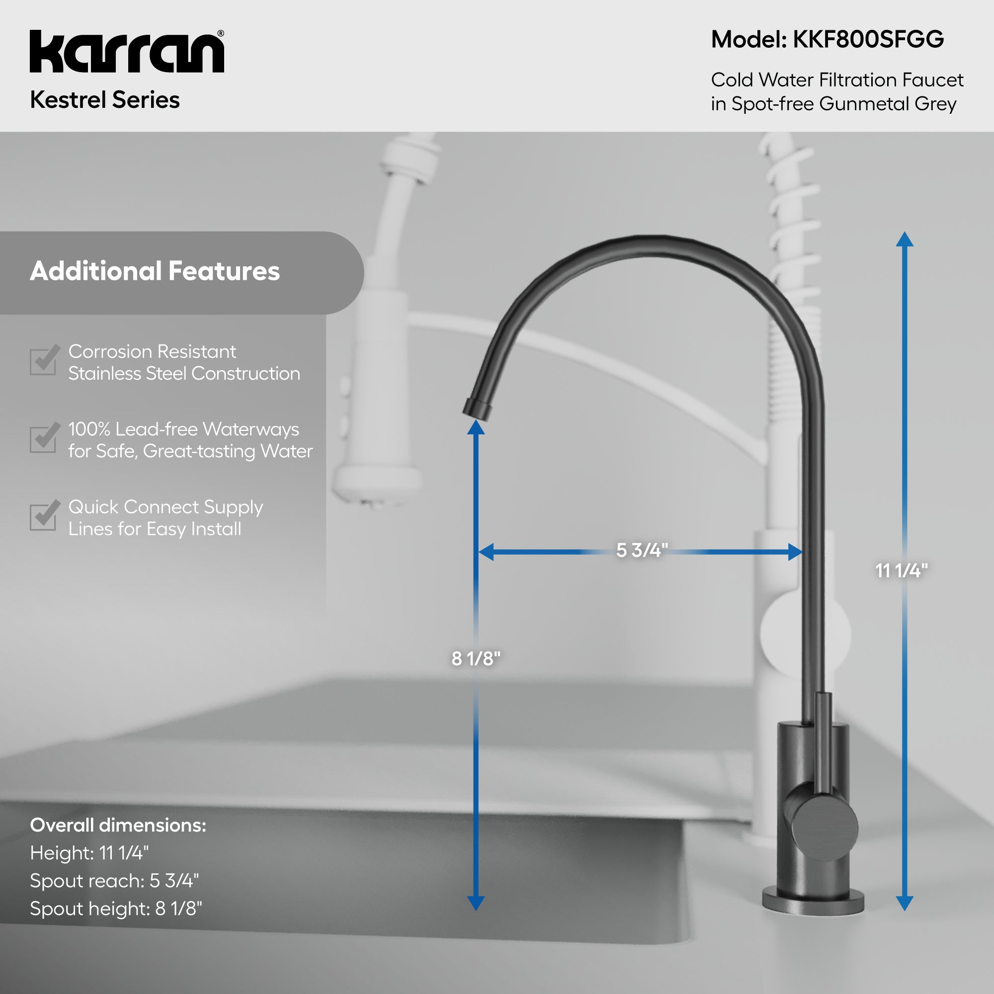 Karran Kestrel 1 GPM Single Lever Lead-free Brass ADA Beverage Faucet, Spot-Free Gunmetal Grey, KKF800SFGG