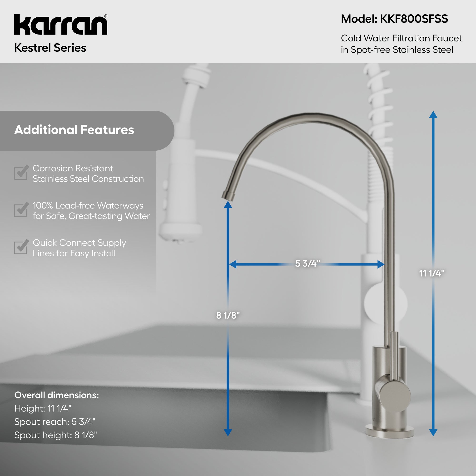 Karran Kestrel 1 GPM Single Lever Lead-free Brass ADA Beverage Faucet, Spot Free Stainless Steel, KKF800SFSS