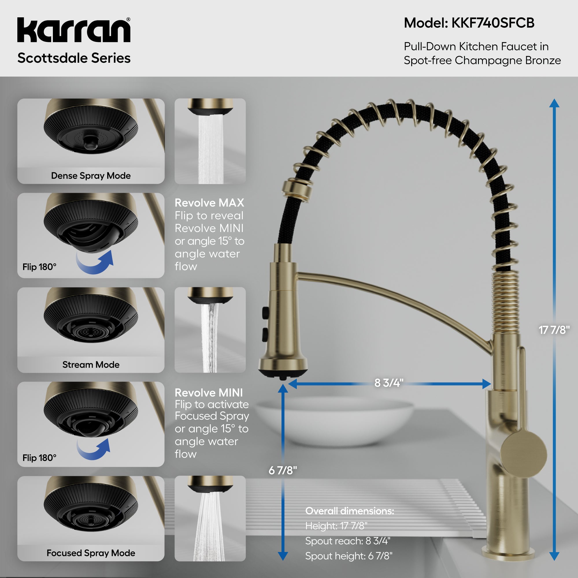 Karran Scottsdale 1.8 GPM Single Lever Lead-free Brass ADA Kitchen Faucet, Pull-Down, Spot-Free Champagne Bronze, KKF740SFCB
