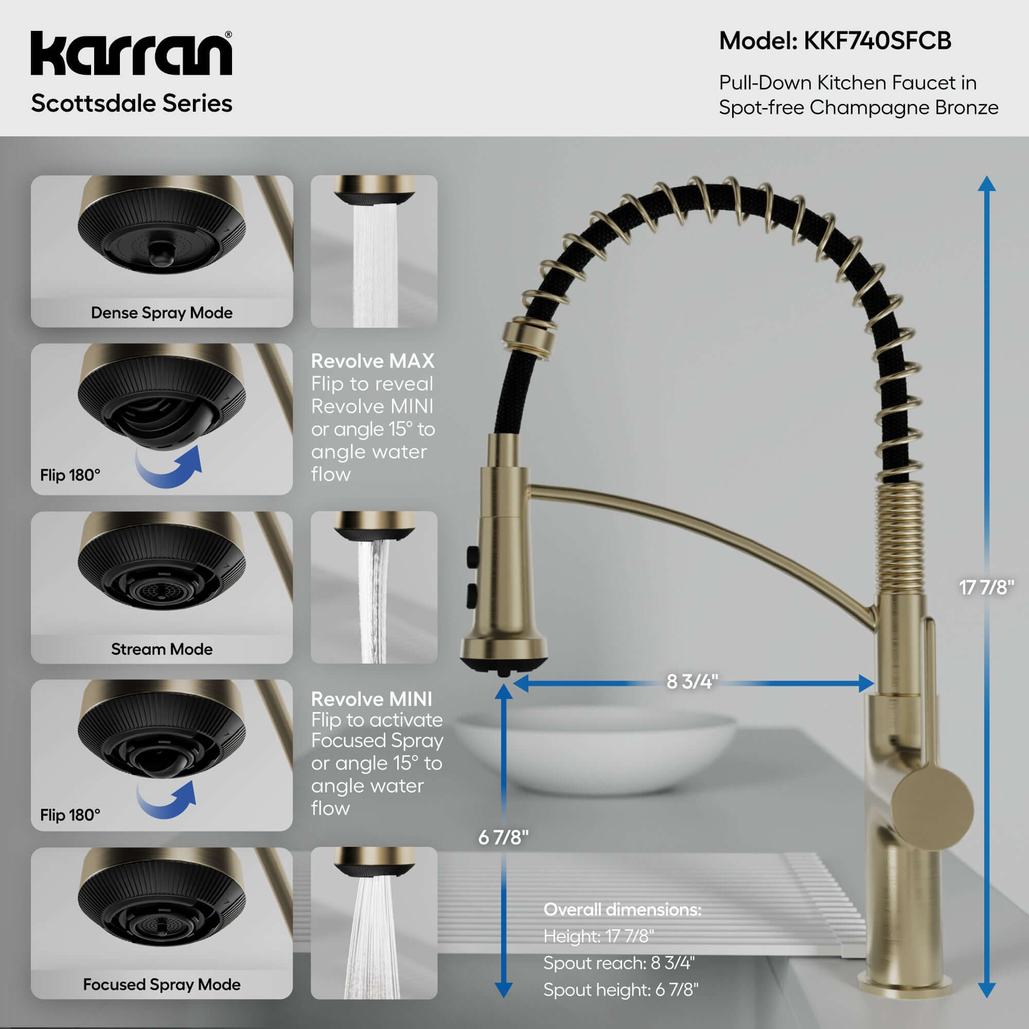 Karran Scottsdale 1.8 GPM Single Lever Lead-free Brass ADA Kitchen Faucet, Pull-Down, Spot-Free Champagne Bronze, KKF740SFCB