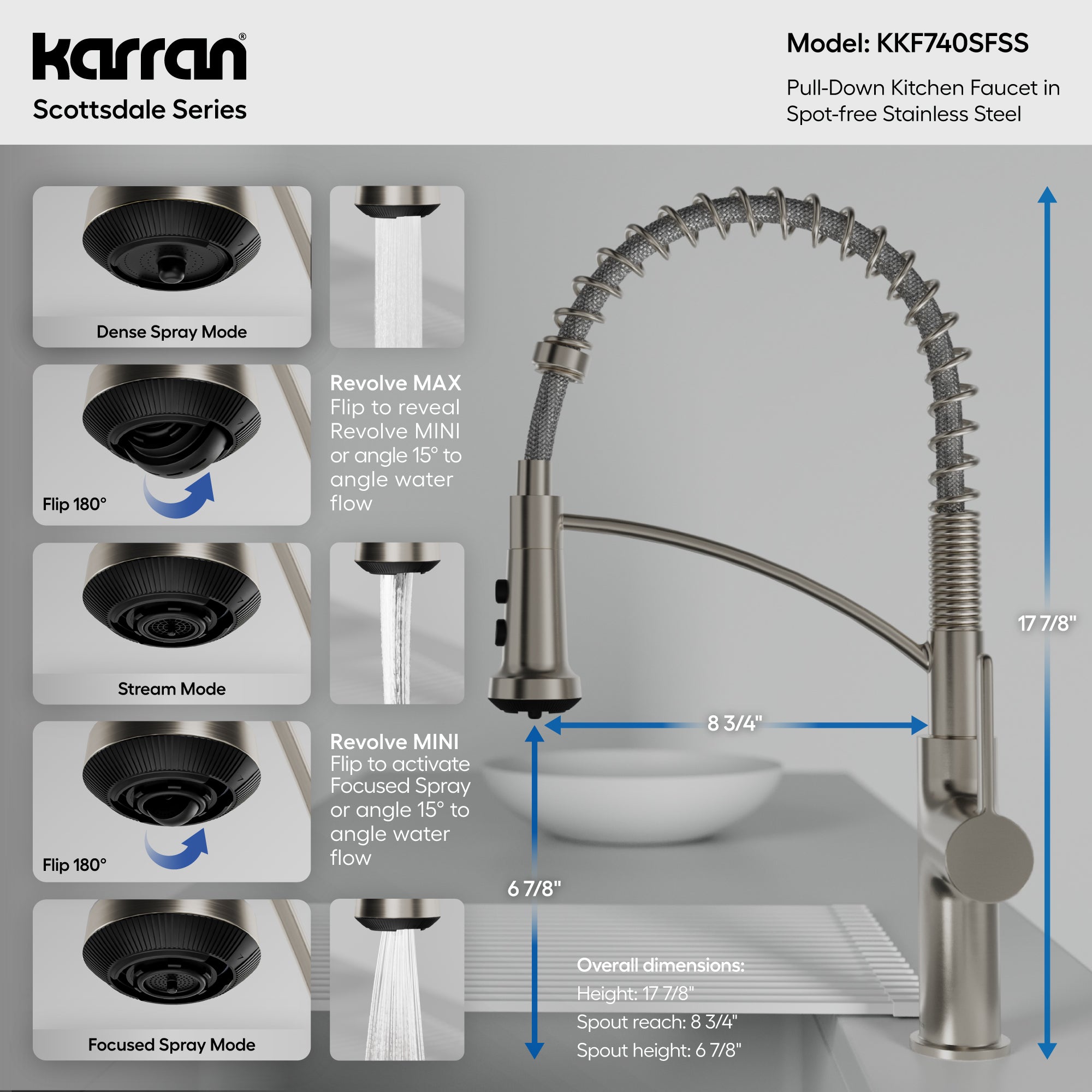 Karran Scottsdale 1.8 GPM Single Lever Lead-free Brass ADA Kitchen Faucet, Pull-Down, Spot Free Stainless Steel, KKF740SFSS
